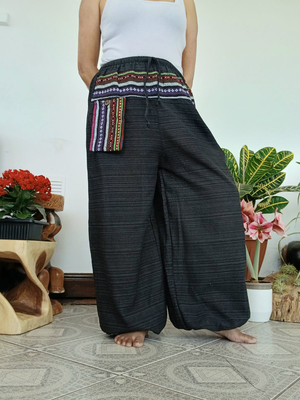 Cotton black Boho Harem Pants with Ethnic Pocket – Relaxed Fit,one size fit 8-10-12