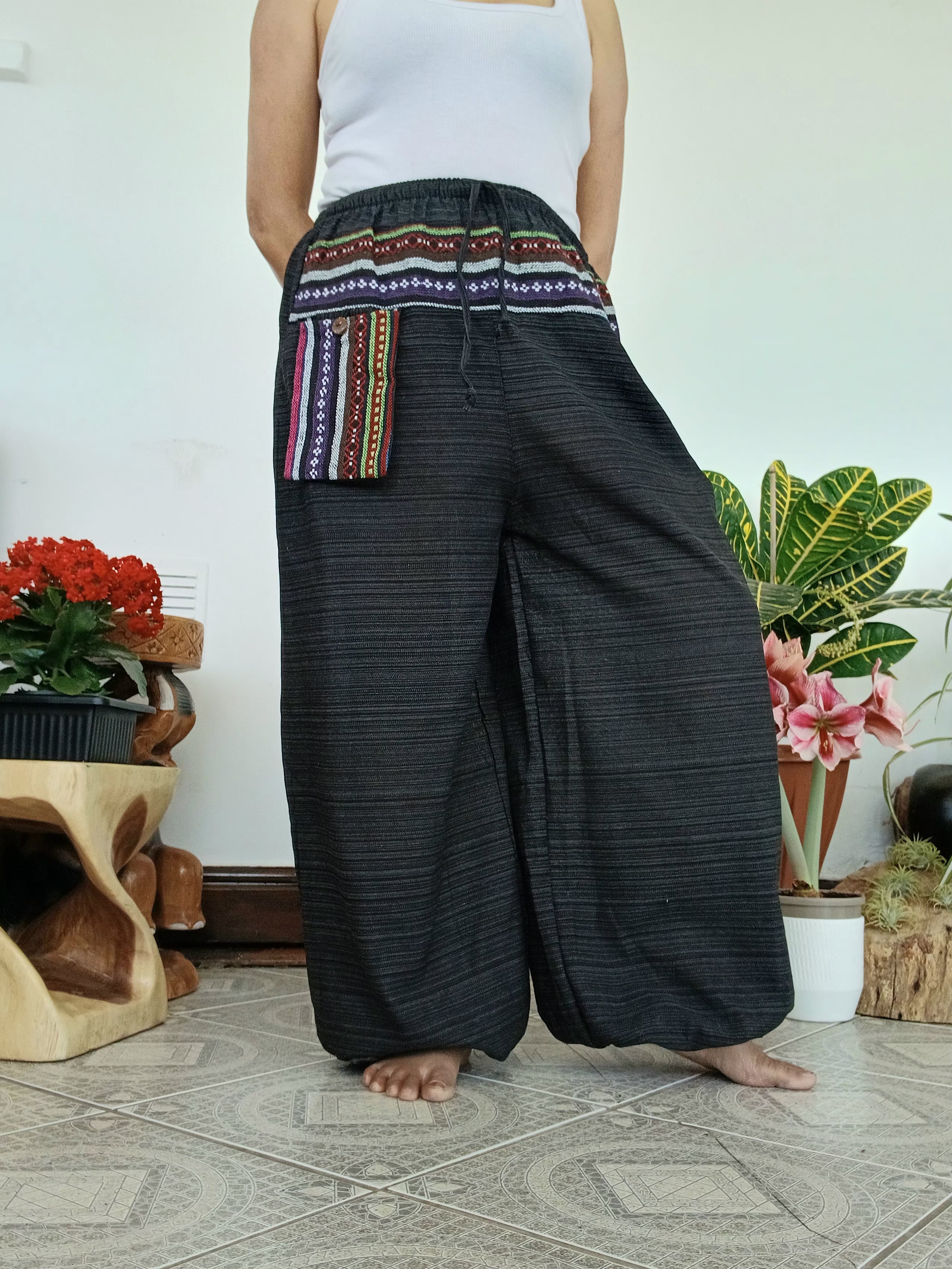 Cotton black Boho Harem Pants with Ethnic Pocket – Relaxed Fit,one size fit 8-10-12