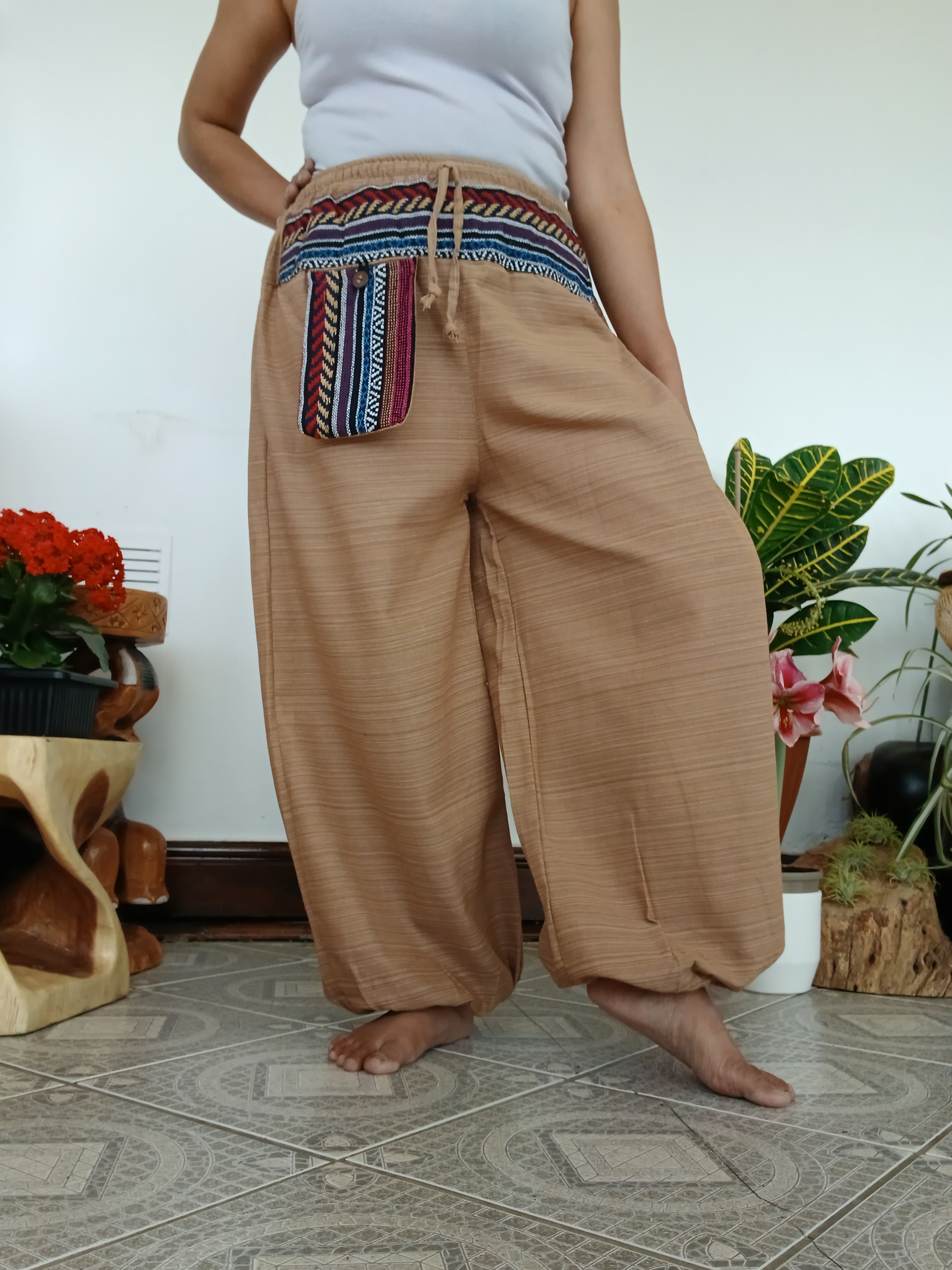 Unisex cotton beige cream baggy boho harem pants hippie loose-fit trousers one size for 6-8-10