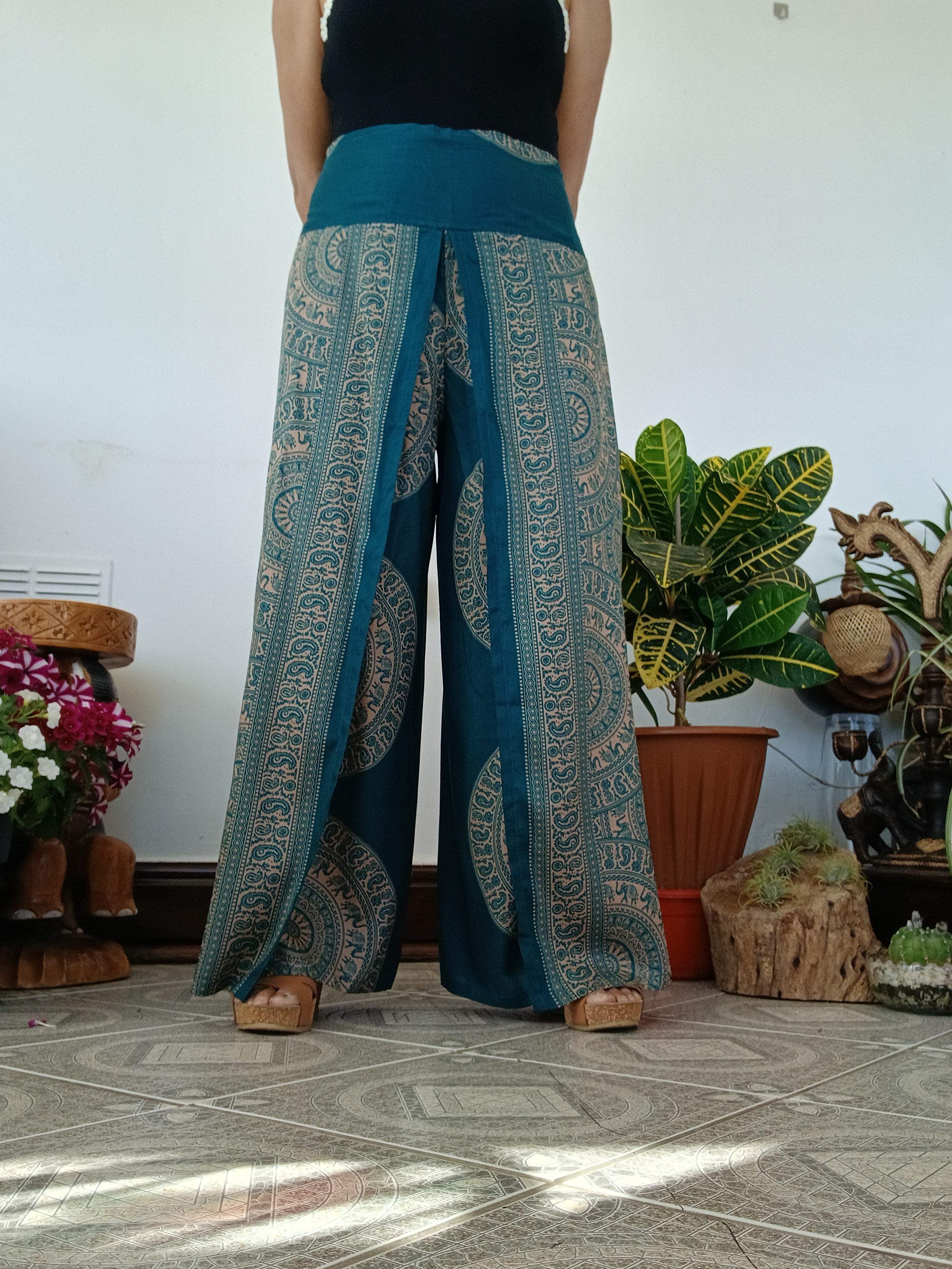 Darkgreen Boho High-Waisted harem pants wrap-around style summer festival trousers one size fit 8-10-12