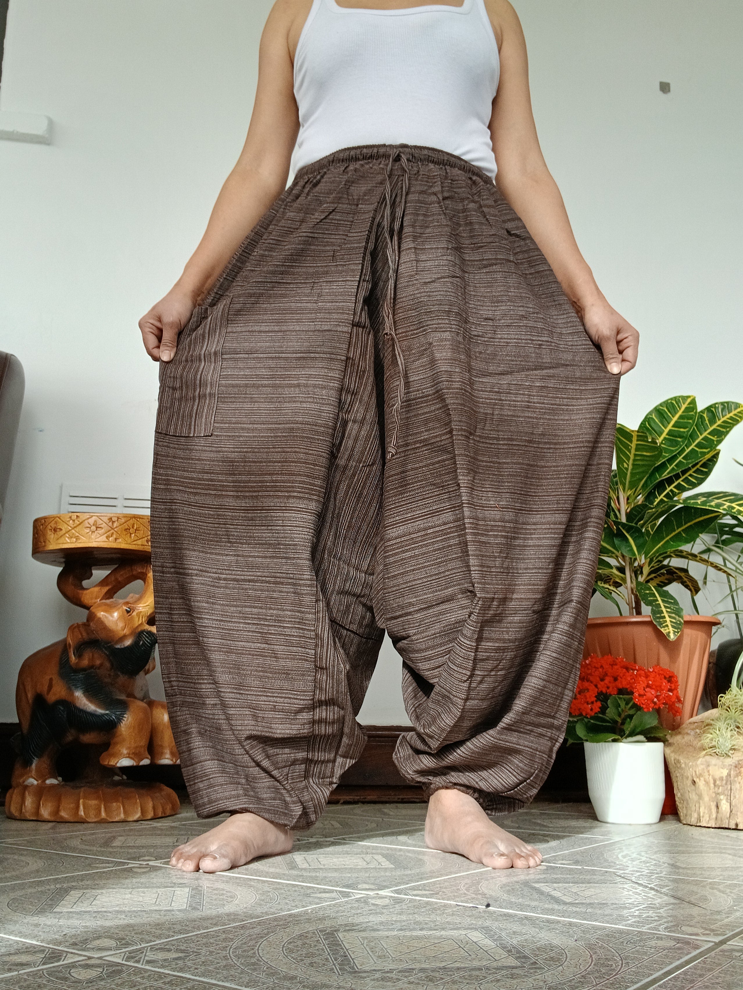 Unisex Brown cotton baggy wide leg harem pants hippie Boho meditation yoga relaxed fit trousers