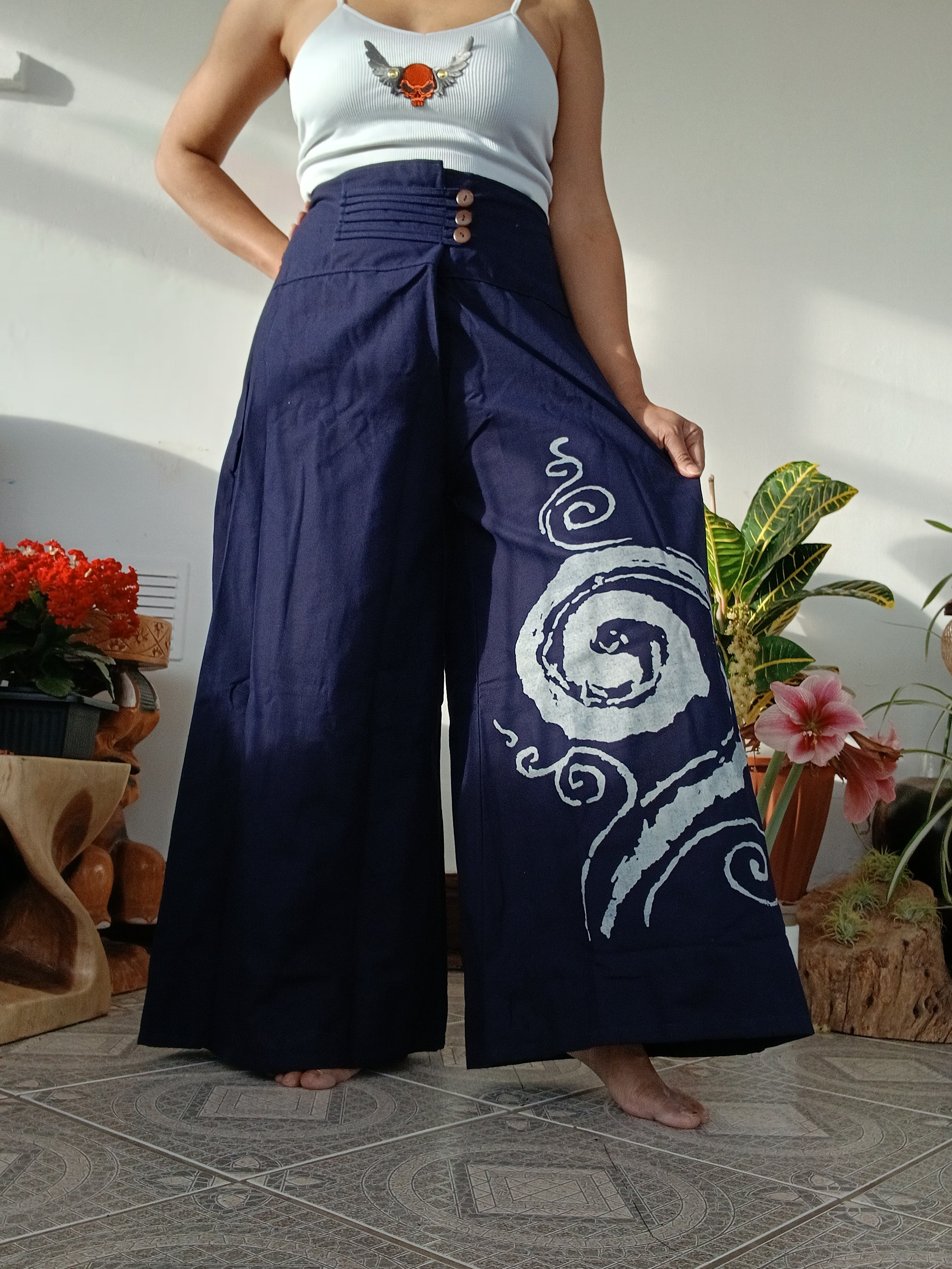 Blue navy cotton baggy wide leg elegant flowy trousers  Boho High-Waisted pants One size fits 8-10-12