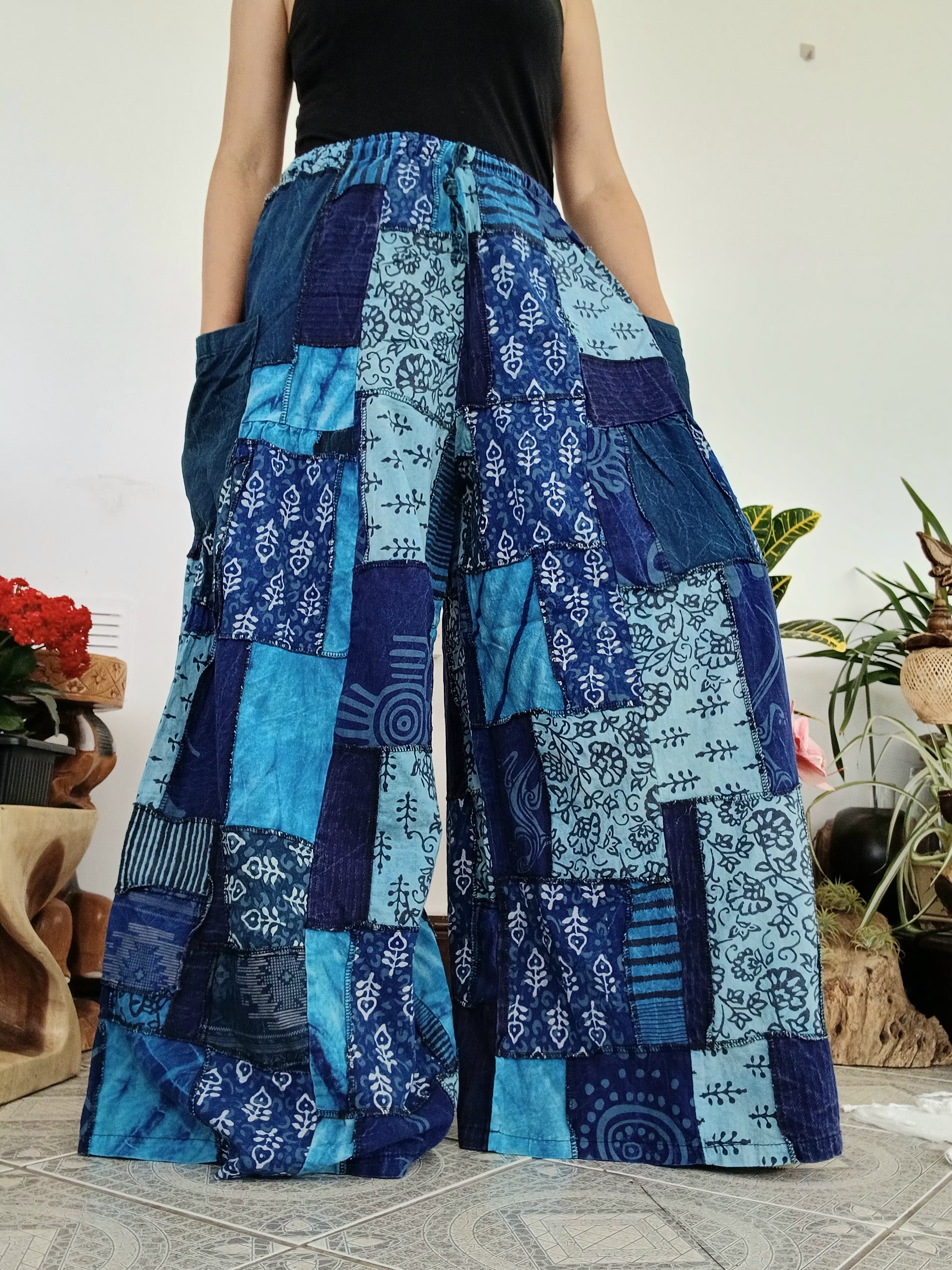 Blue patchwork wide leg Boho Palazzo Harem Pants baggy hippie trousers fit S M L