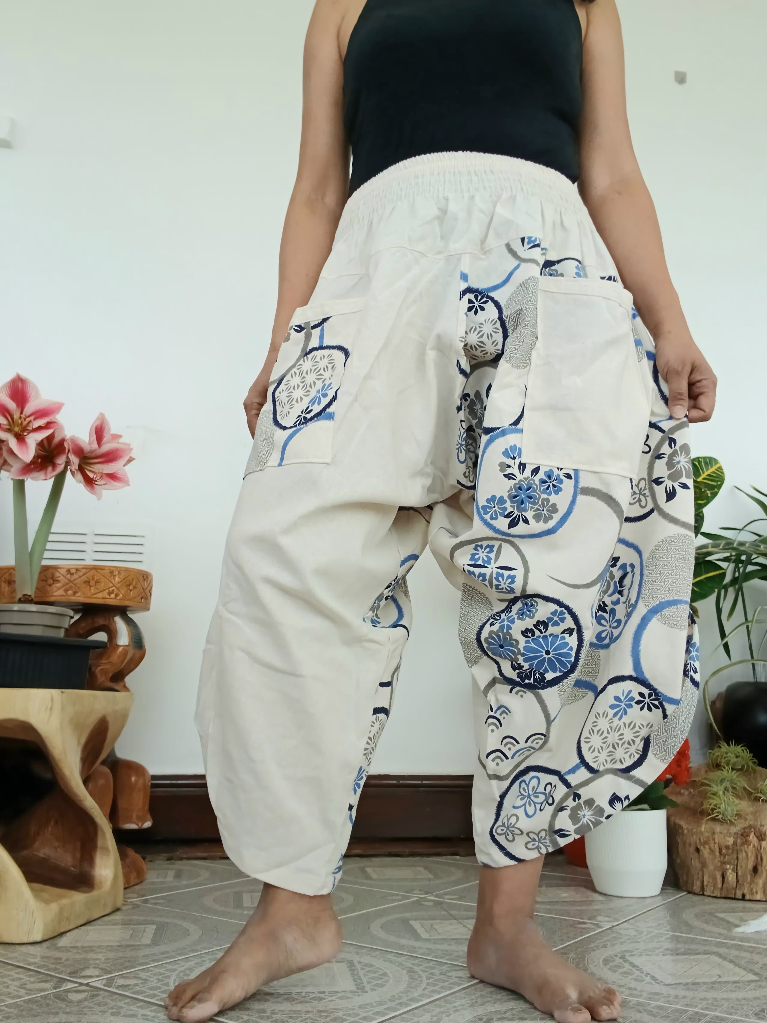 White cream Boho harem pants relaxed fit yoga meditation Aladdin trousers one size