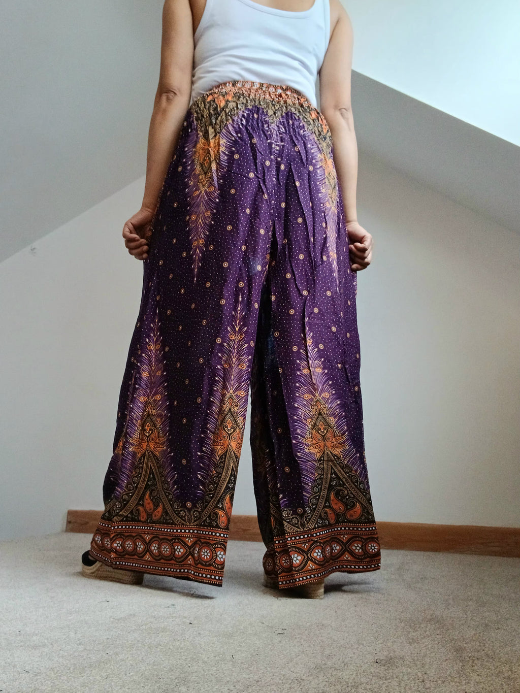 Purple bohemian feathers print wide leg elegant culottes trousers high-waisted baggy harem pants