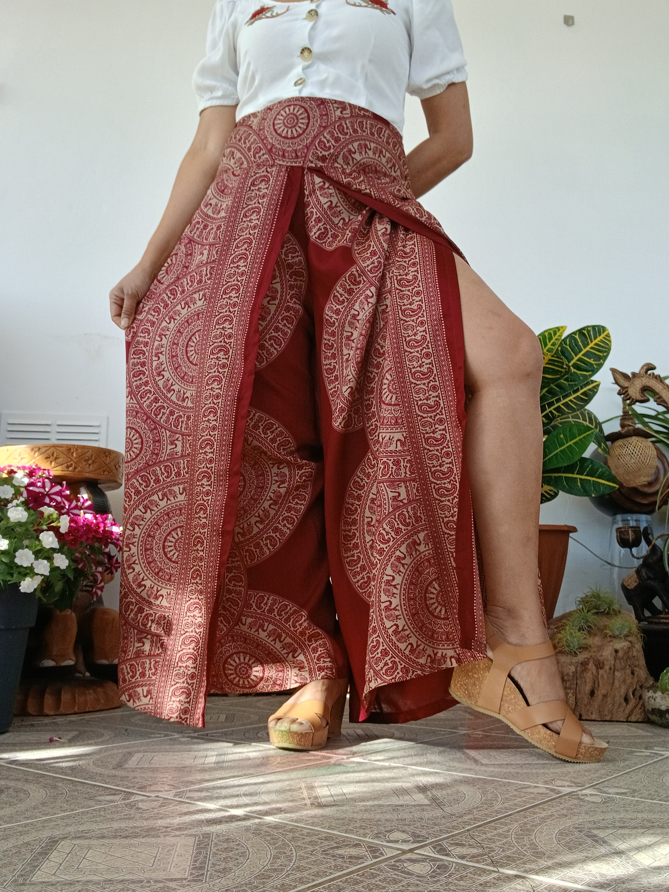 Red burgundy bohemian elegant flowy harem pants beautiful festival holiday trousers one size fit 8-10-12