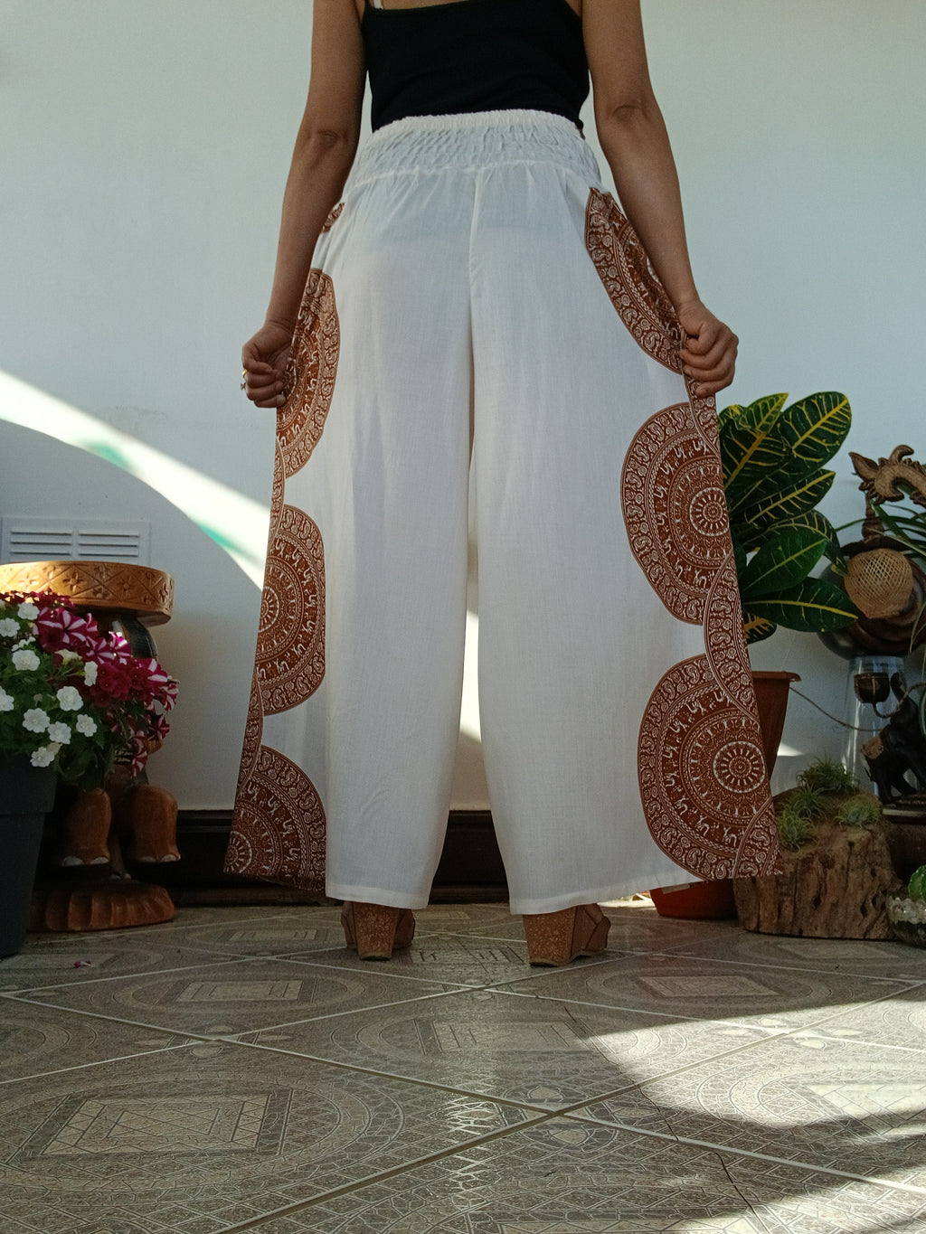 Cream brown bohemian wrap-around style summer festival trousers elegant flowy harem pants One size fits 8-10-12