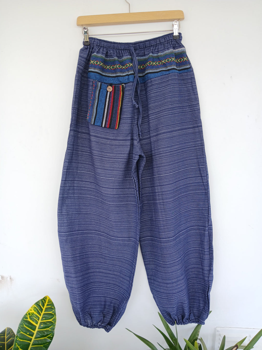 Cotton blue navy hippie Boho Harem Pants with Ethnic Pocket – Relaxed Fit trousers joggers one size fit 8-10-12