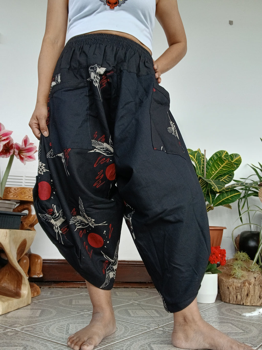 Black Crane Print Balloon boho hippie Trousers harem wide leg pants One size