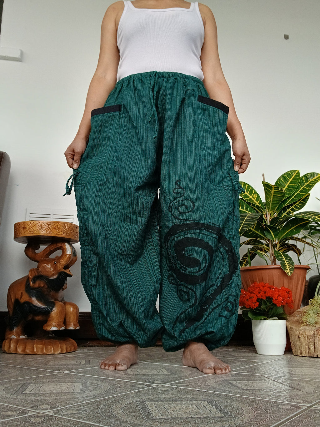 Darkgreen cotton Boho baggy relaxed fit harem pants hippie wide leg loose-fit trousers joggers for unisex