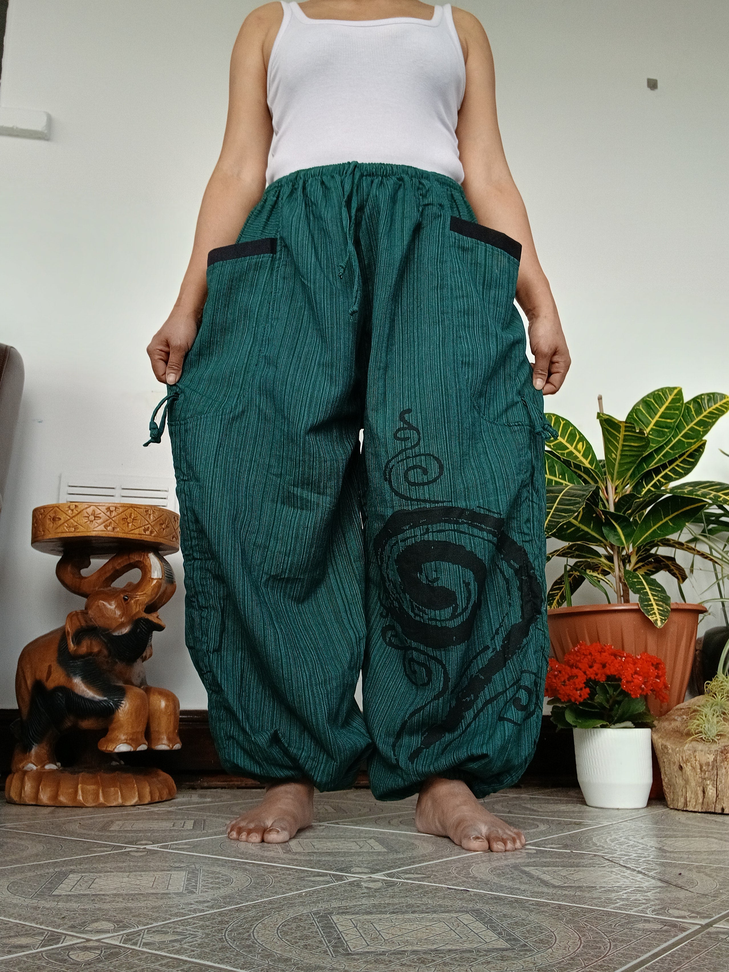 Darkgreen cotton Boho baggy relaxed fit harem pants hippie wide leg loose-fit trousers joggers for unisex