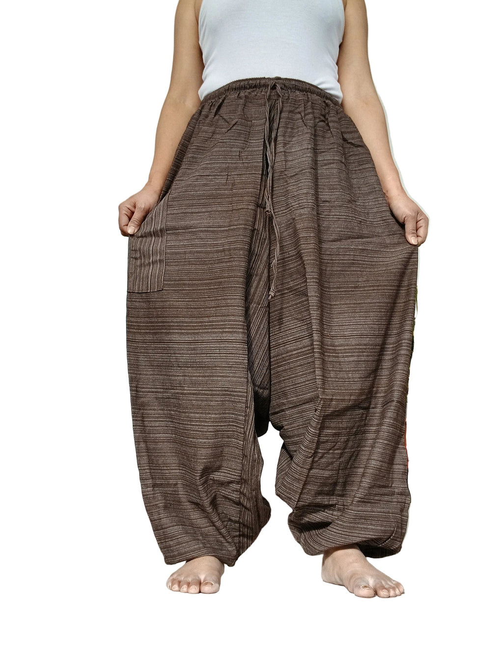 Unisex Brown cotton baggy wide leg harem pants hippie Boho meditation yoga relaxed fit trousers