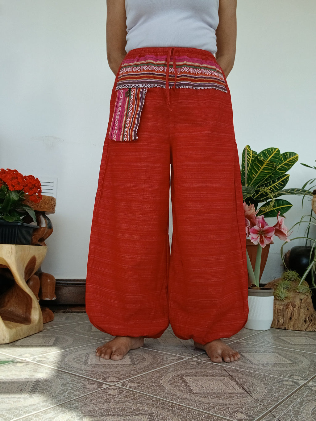 Cotton red Boho baggy hippie Harem Pants with Ethnic Pocket – Size S–L