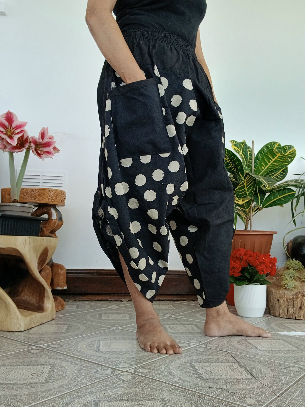 Cotton black with polka dot Ninja Samurai Style harem pants relaxed fit casual trousers one size fit 6-8-10