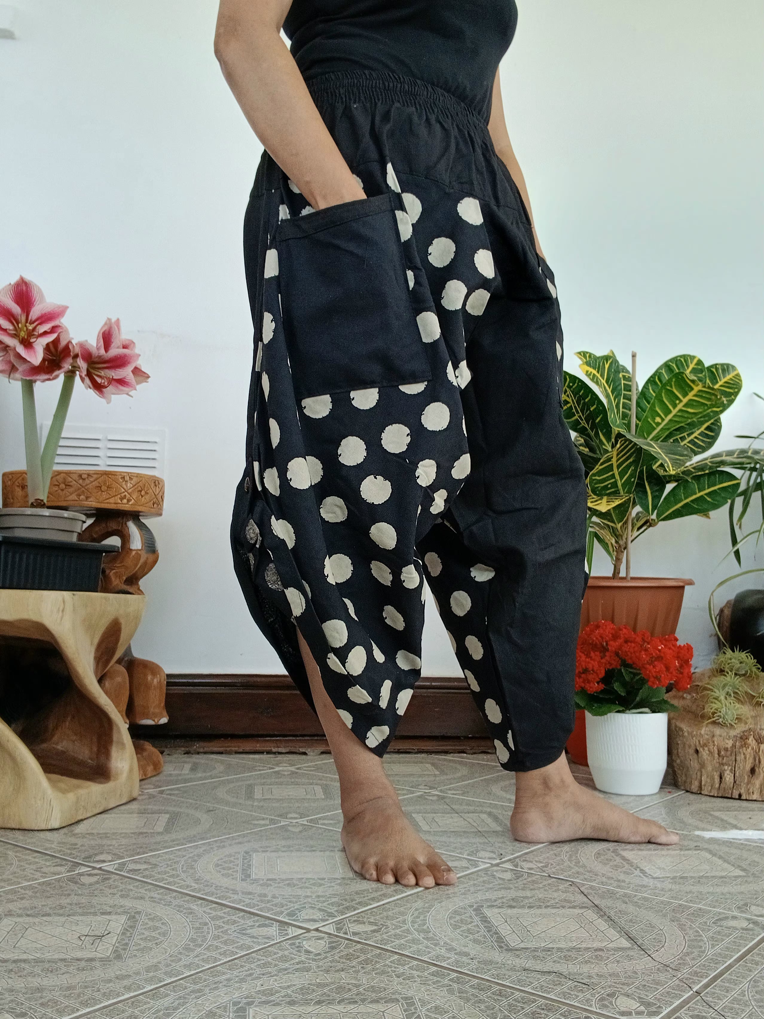 Cotton black with polka dot Ninja Samurai Style harem pants relaxed fit casual trousers one size fit 6-8-10