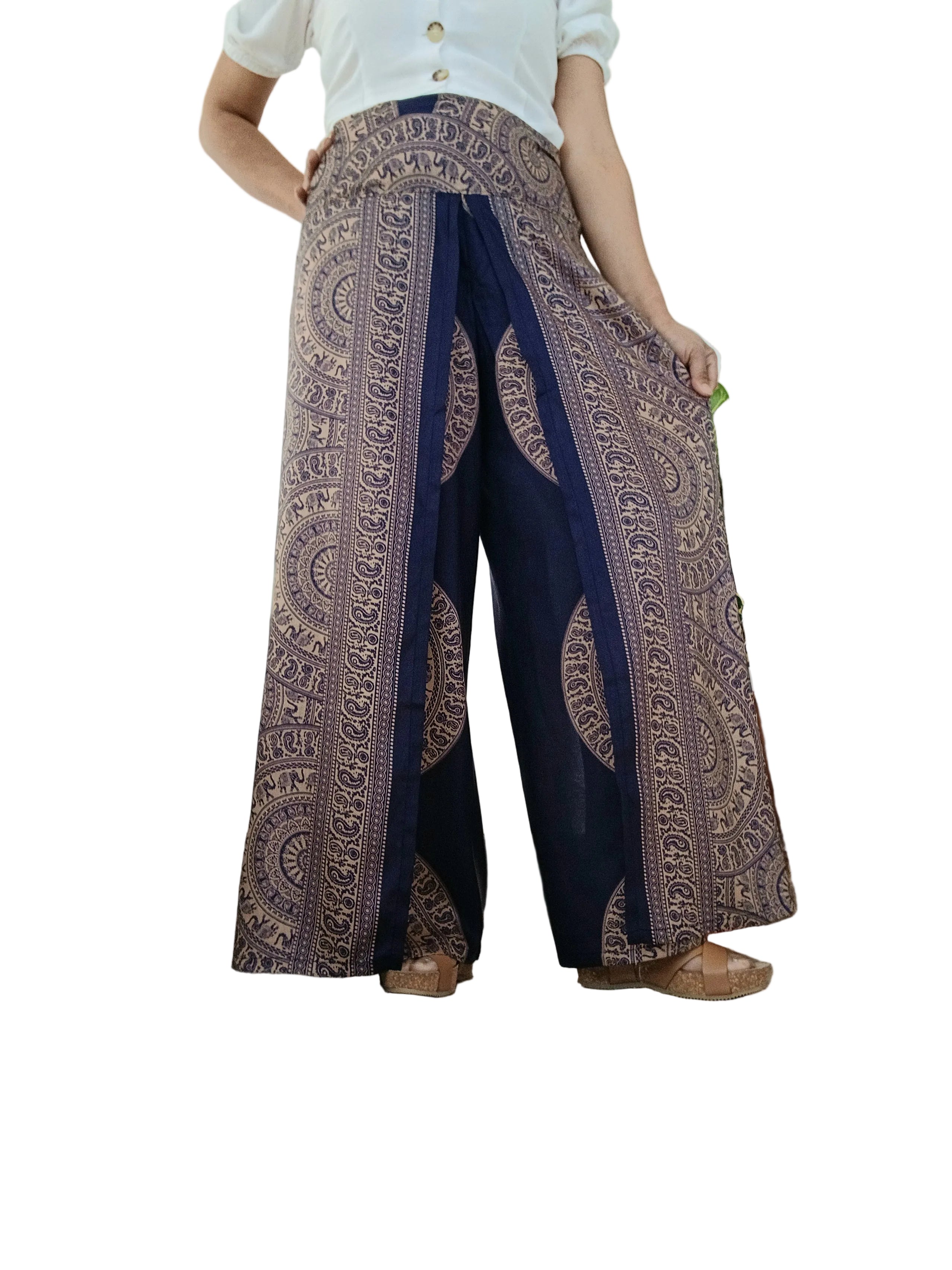Navy beige Boho flowy elegant harem wrap-around style summer festival trousers one size fit 8-10-12