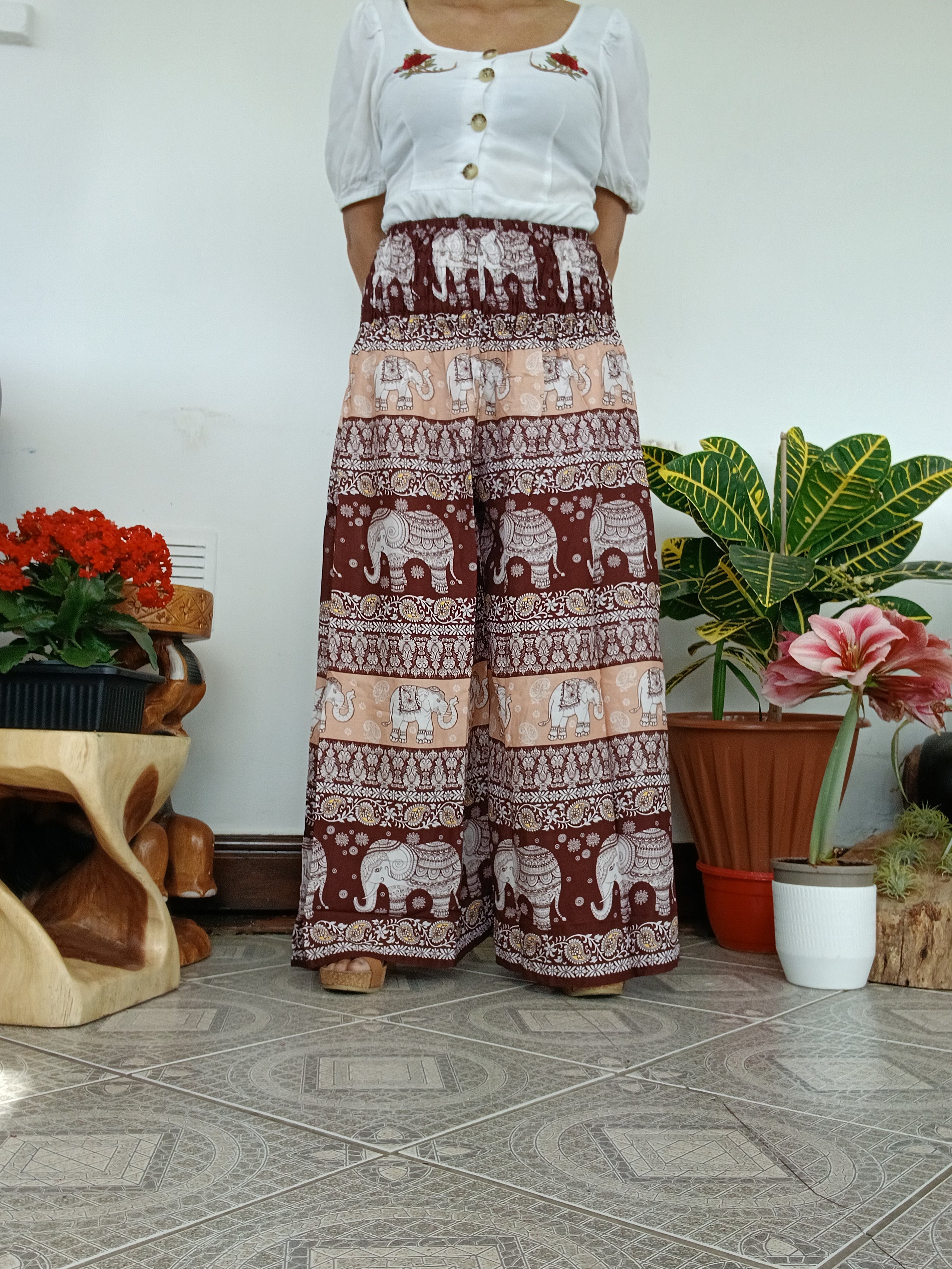 Brown elephant print wide leg elegant flowy high-waisted boho trousers Palazzo Harem Pants