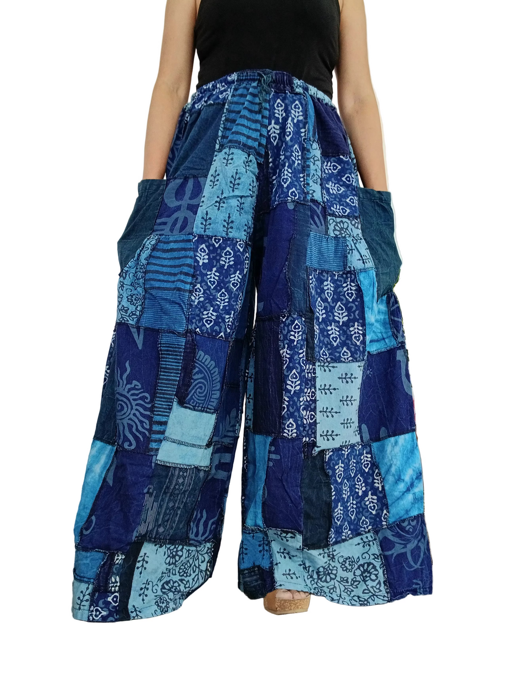 Blue patchwork wide leg Boho Palazzo Harem Pants baggy hippie trousers fit S M L