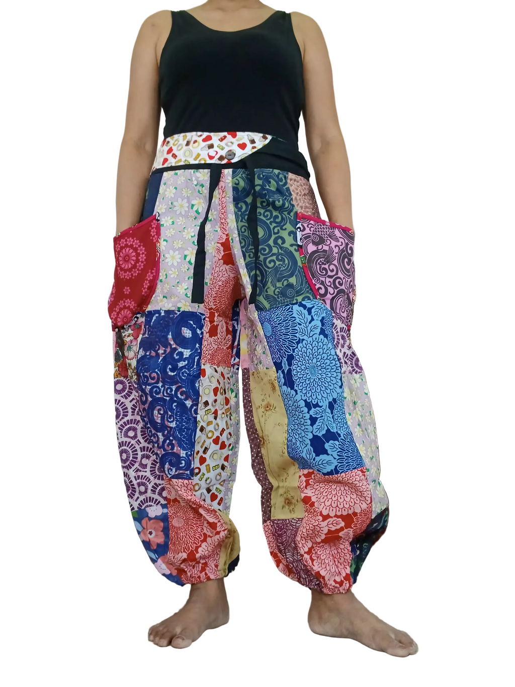 Multicoloured patchwork Boho baggy harem pants hippie baggy relaxed fit trousers one size fit 8-10-12