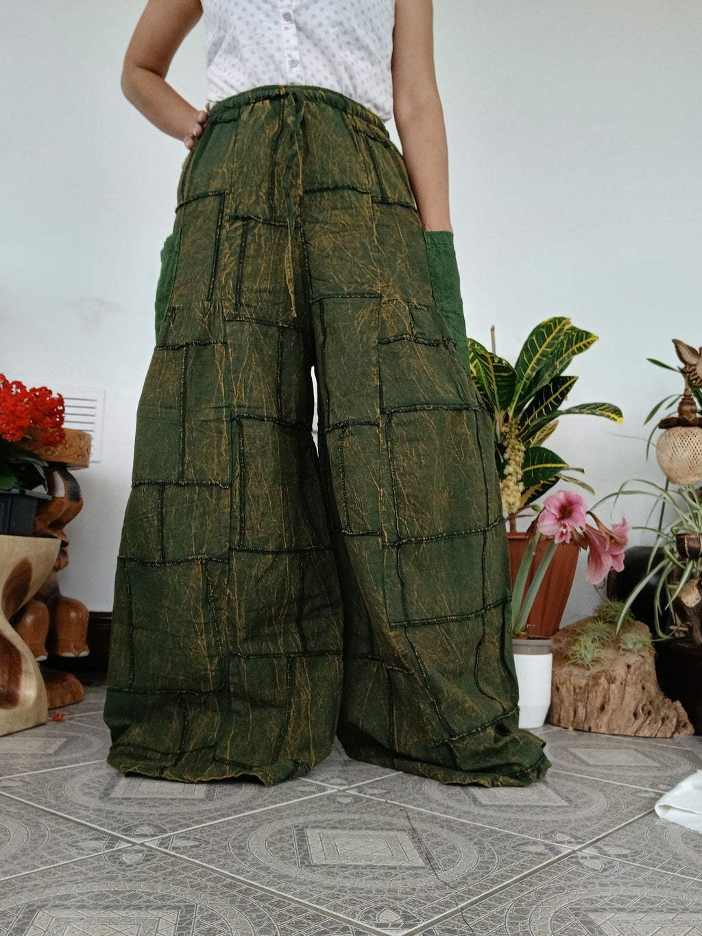 Olive Darkgreen Cotton patchwork baggy Palazzo Harem Pants Boho Wide-Leg trousers one size