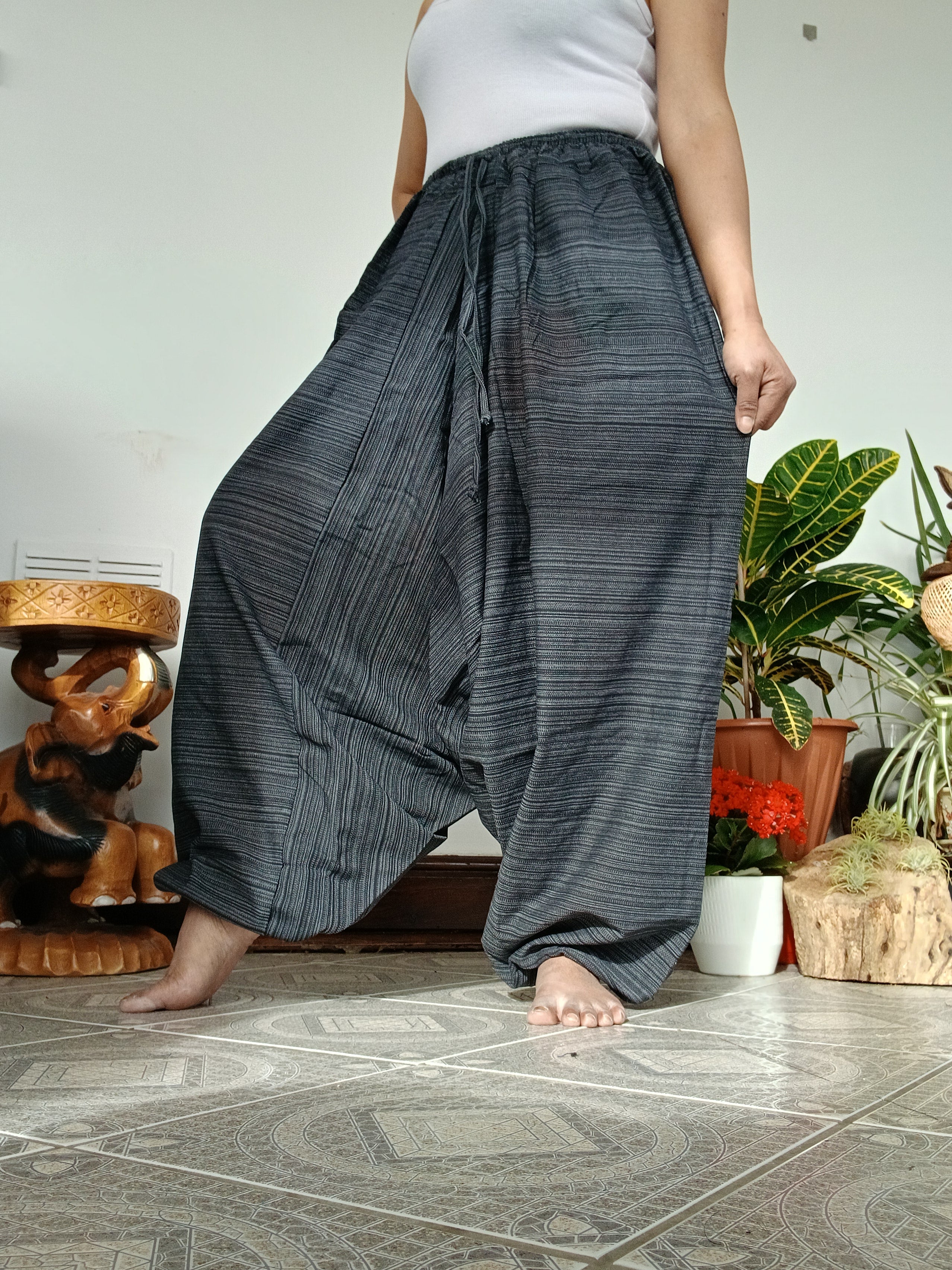Unisex black cotton wide leg harem pants hippie baggy Boho relaxed fit meditation yoga trousers