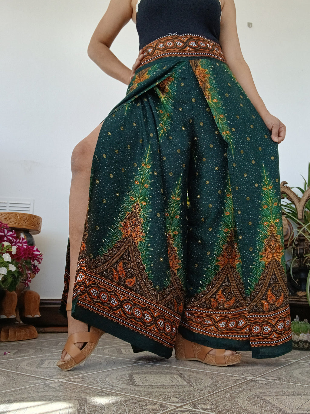 Darkgreen Boho High-Waisted wrap-around style harem pants One size fits 8-10-12