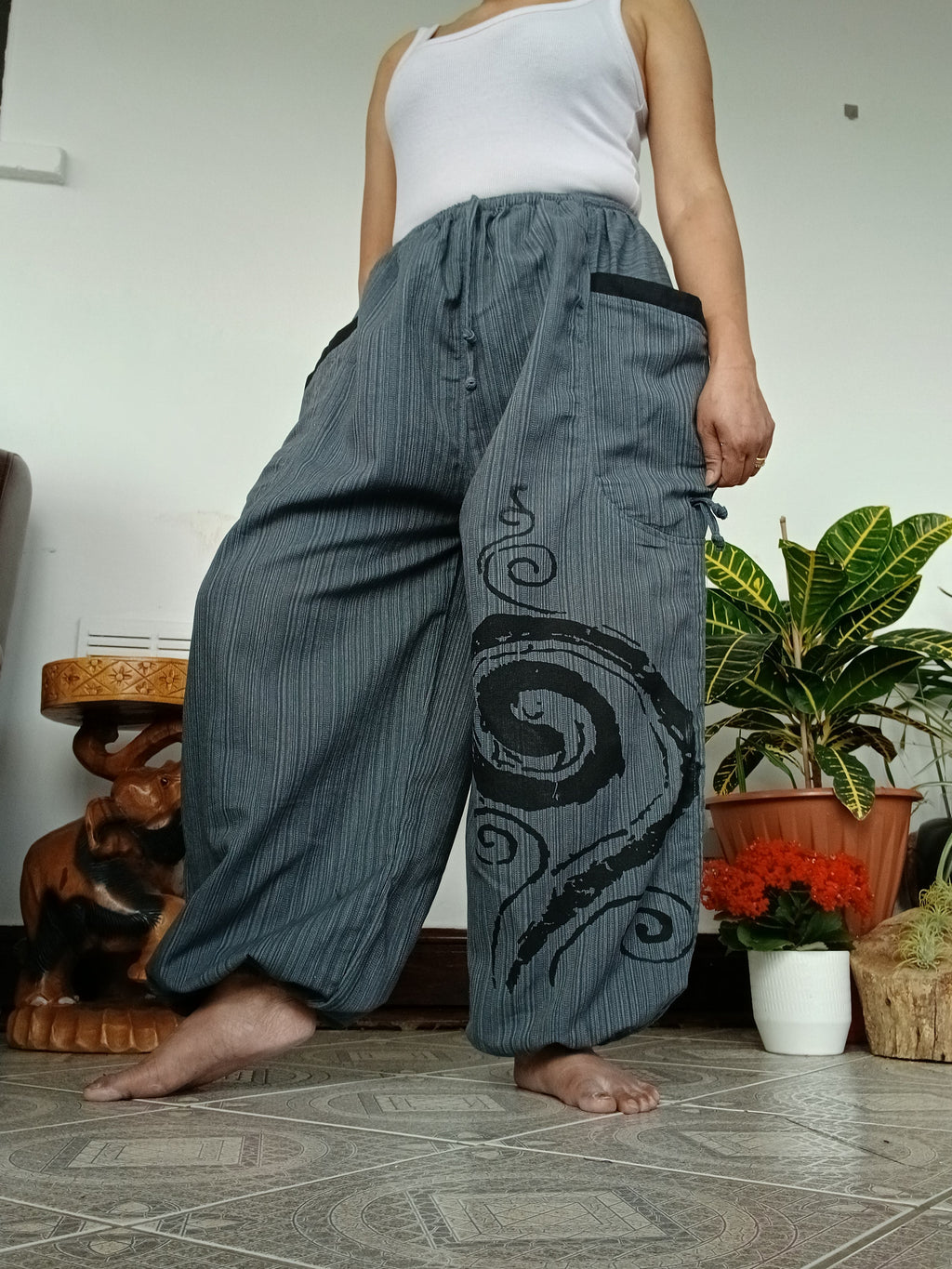 Grey cotton baggy poofy harem pants hippie Boho loose-fit trousers joggers