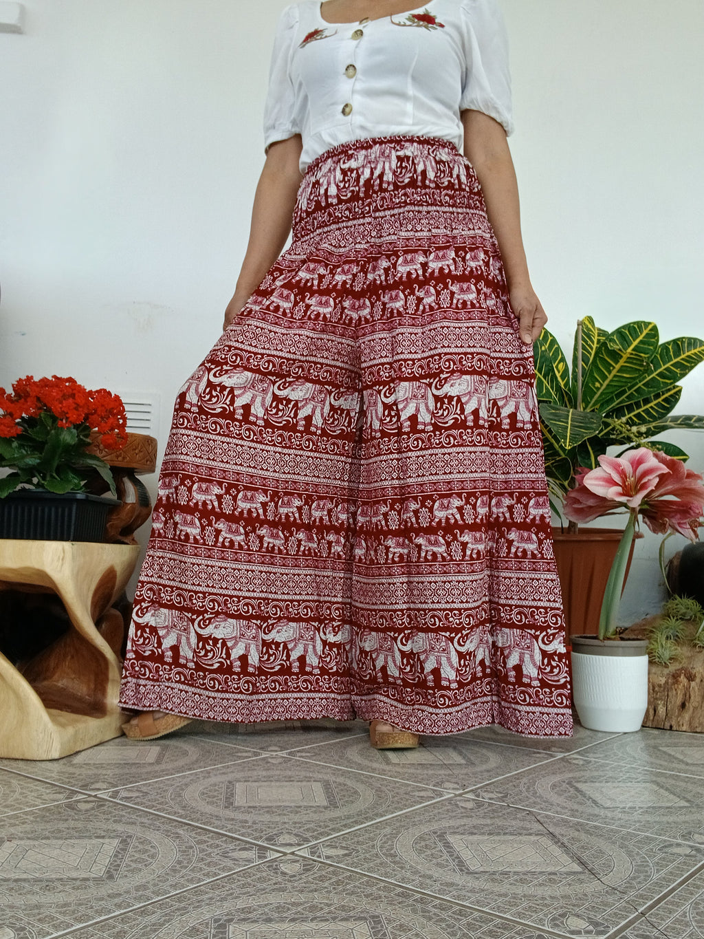 Burgundy boho elephant print wide leg elegant flowy trousers baggy relaxed fit palazzo pants