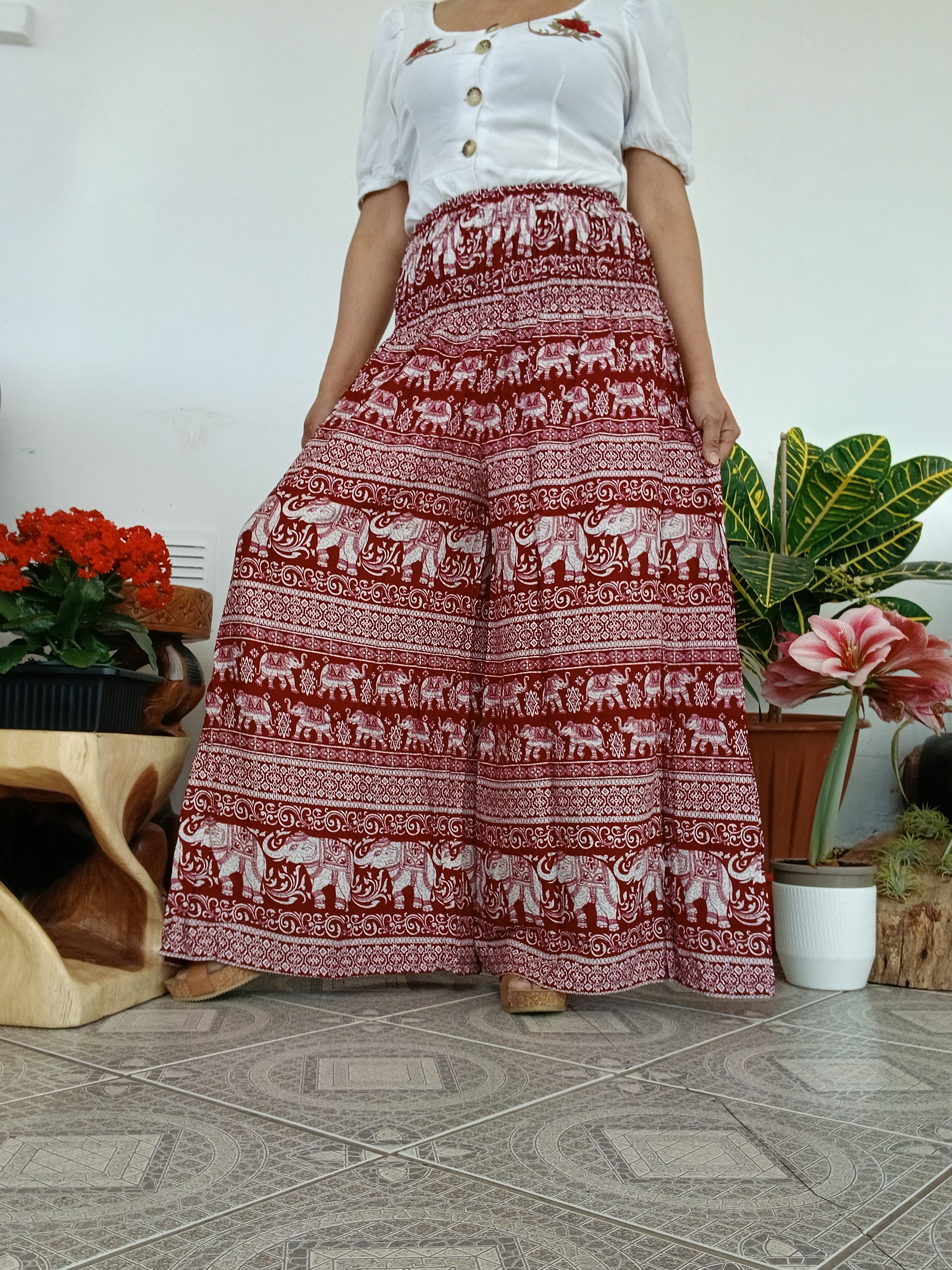 Burgundy boho elephant print wide leg elegant flowy trousers baggy relaxed fit palazzo pants