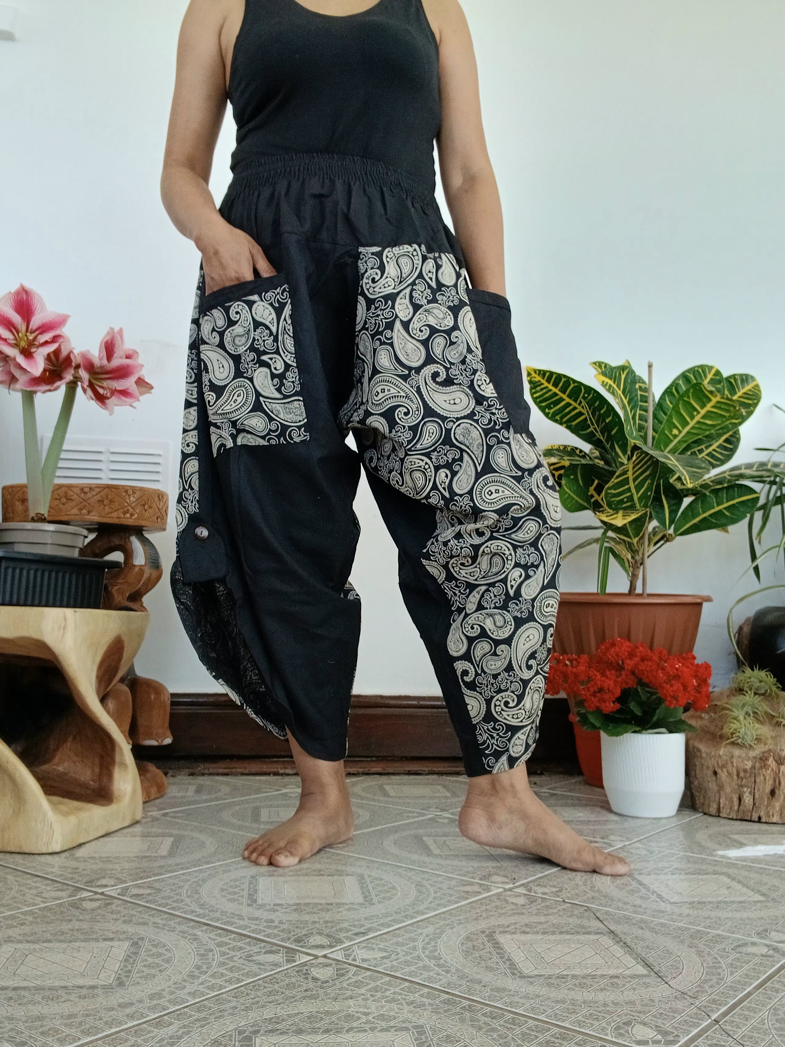 Black cotton paisley-print Ninja Samurai Style harem Pants hippie Boho loose-fit trousers