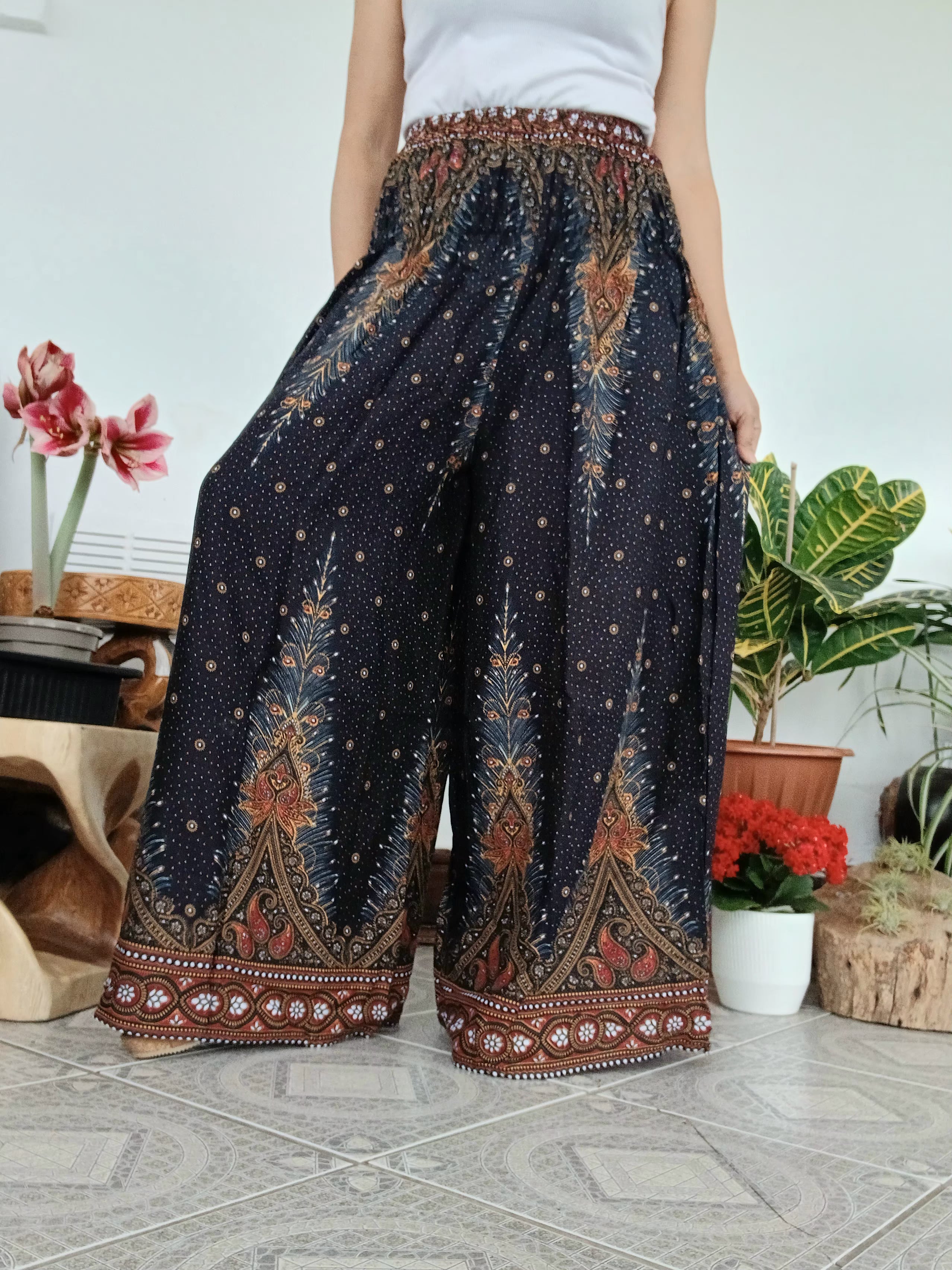 Black peacock feathers printed Baggy wide leg flowy trousers Boho High-Waisted Mandala Pants one-size fit 8-14
