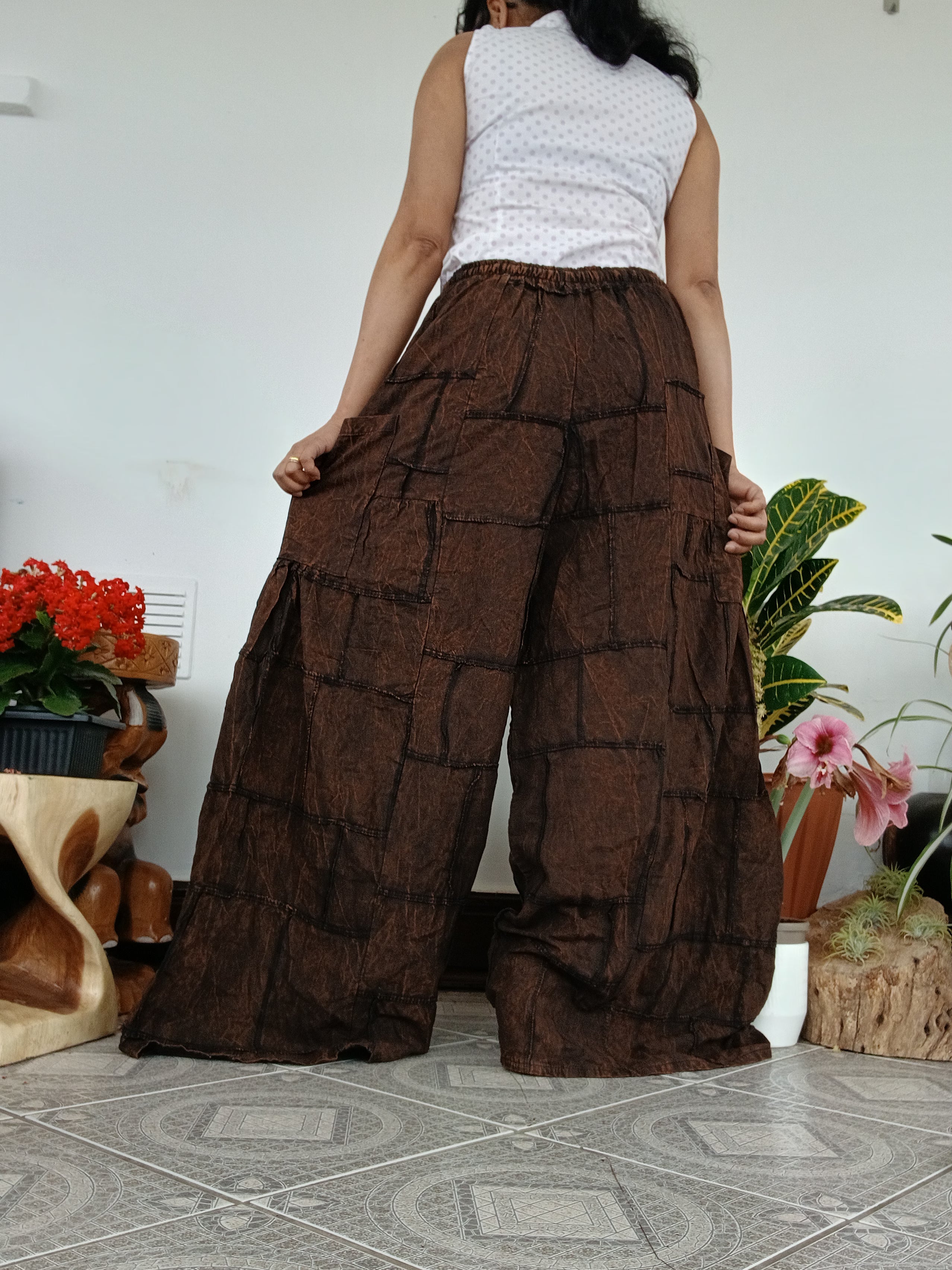 Plain Brown patchwork boho harem pants hippie baggy relaxed fit trousers one size fit 8-10-12