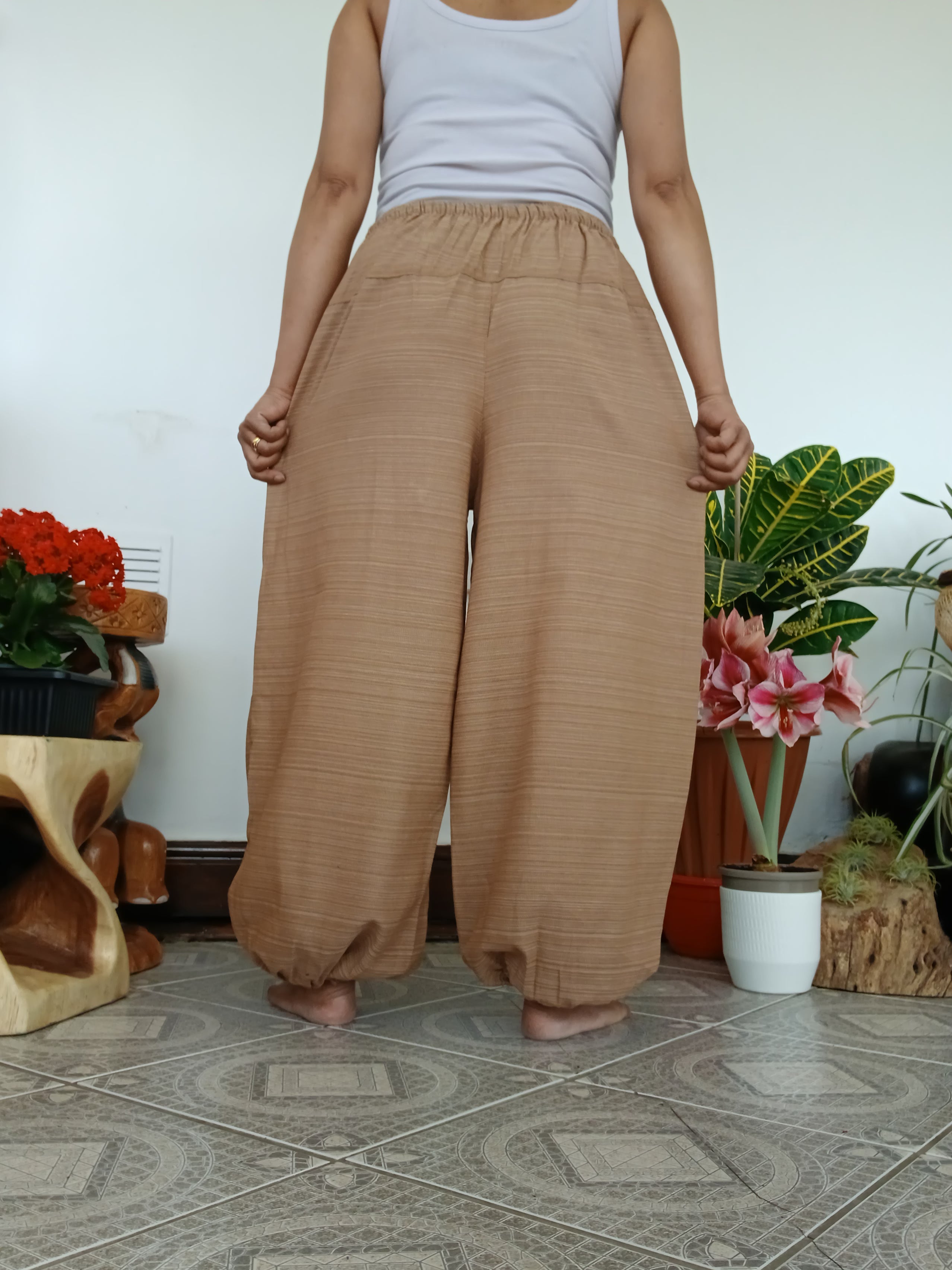 Unisex cotton beige cream baggy boho harem pants hippie loose-fit trousers one size for 6-8-10