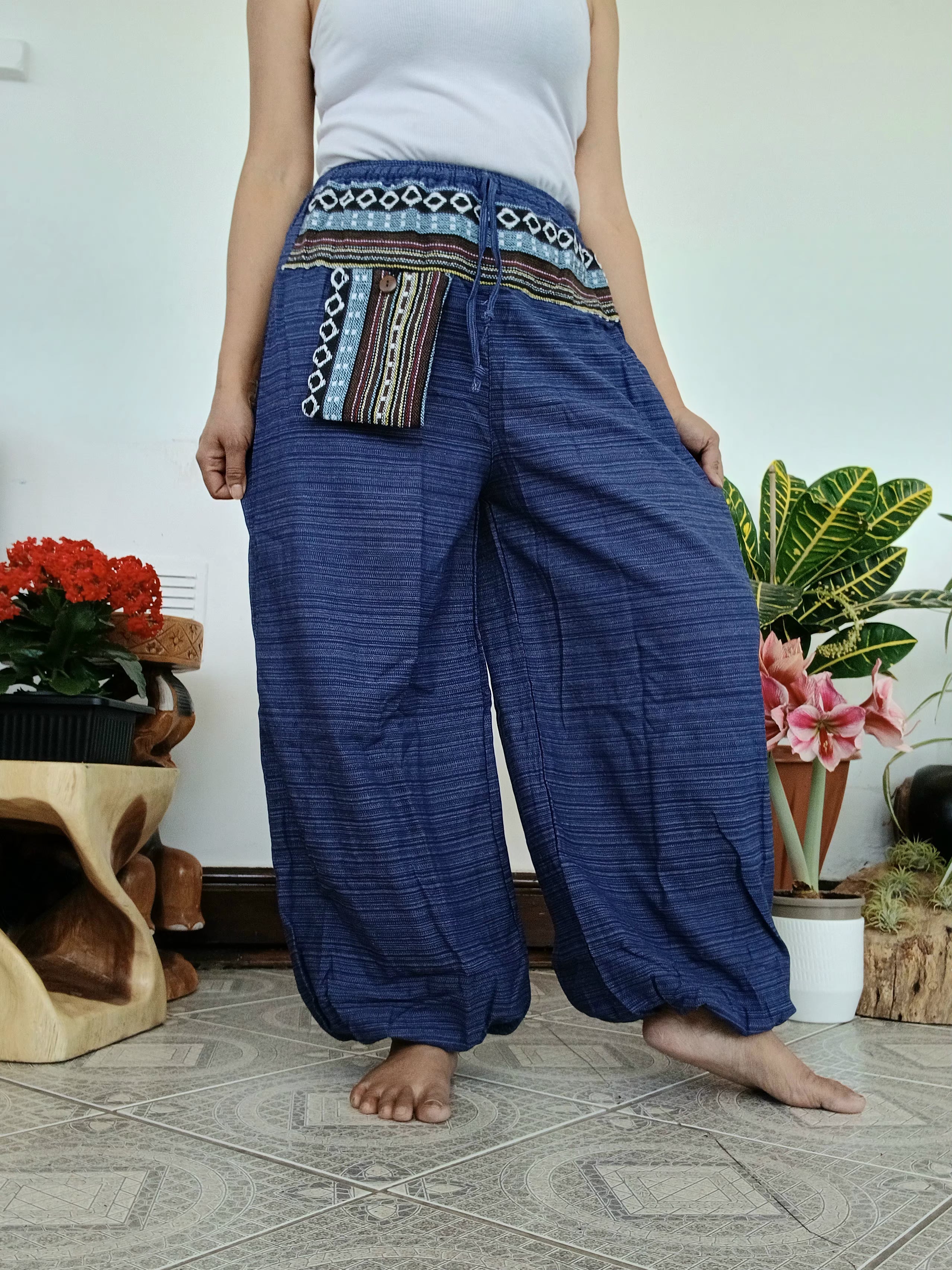Cotton blue navy hippie Boho Harem Pants with Ethnic Pocket – Relaxed Fit trousers joggers one size fit 8-10-12