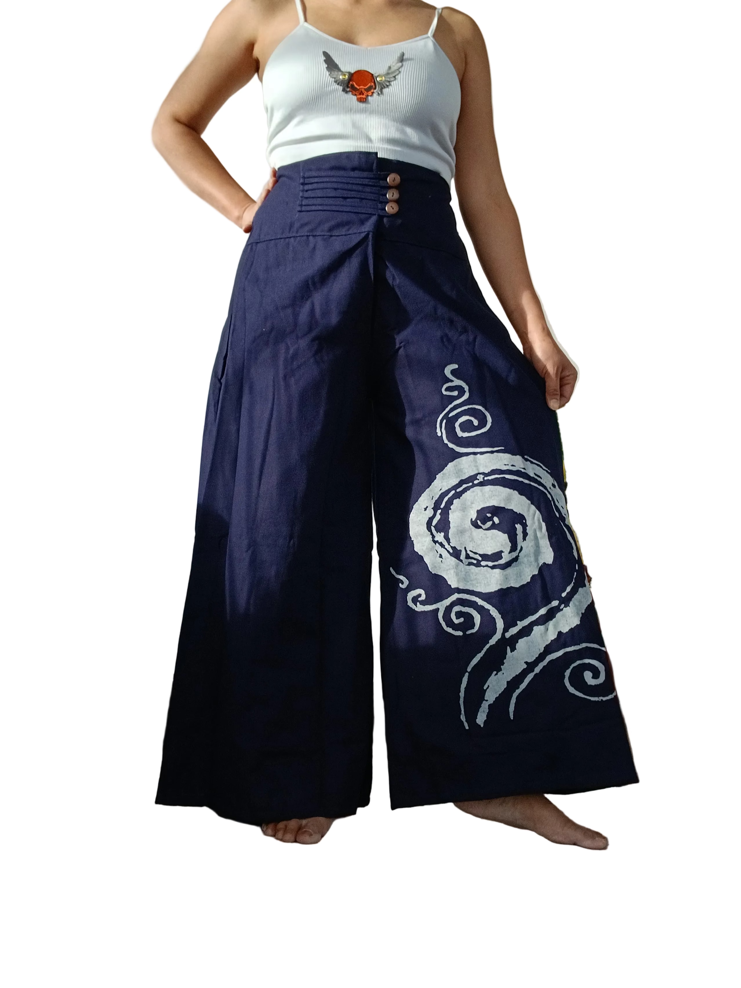 Blue navy cotton baggy wide leg elegant flowy trousers  Boho High-Waisted pants One size fits 8-10-12