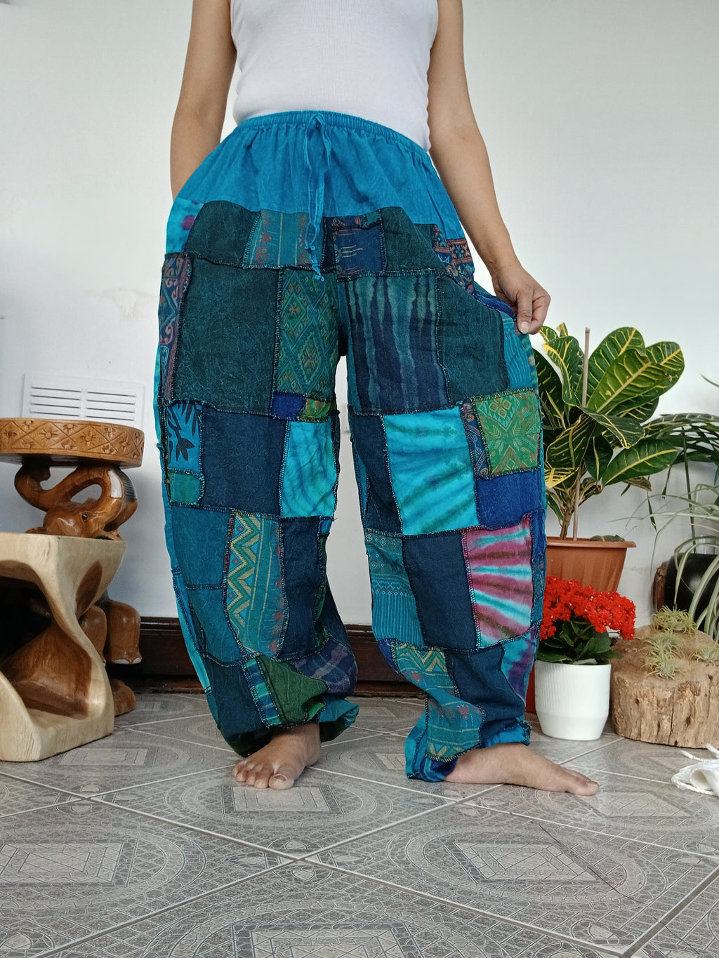 Blue green tones stonewash unique patchwork baggy boho harem pants hippie loose-fit trousers joggers