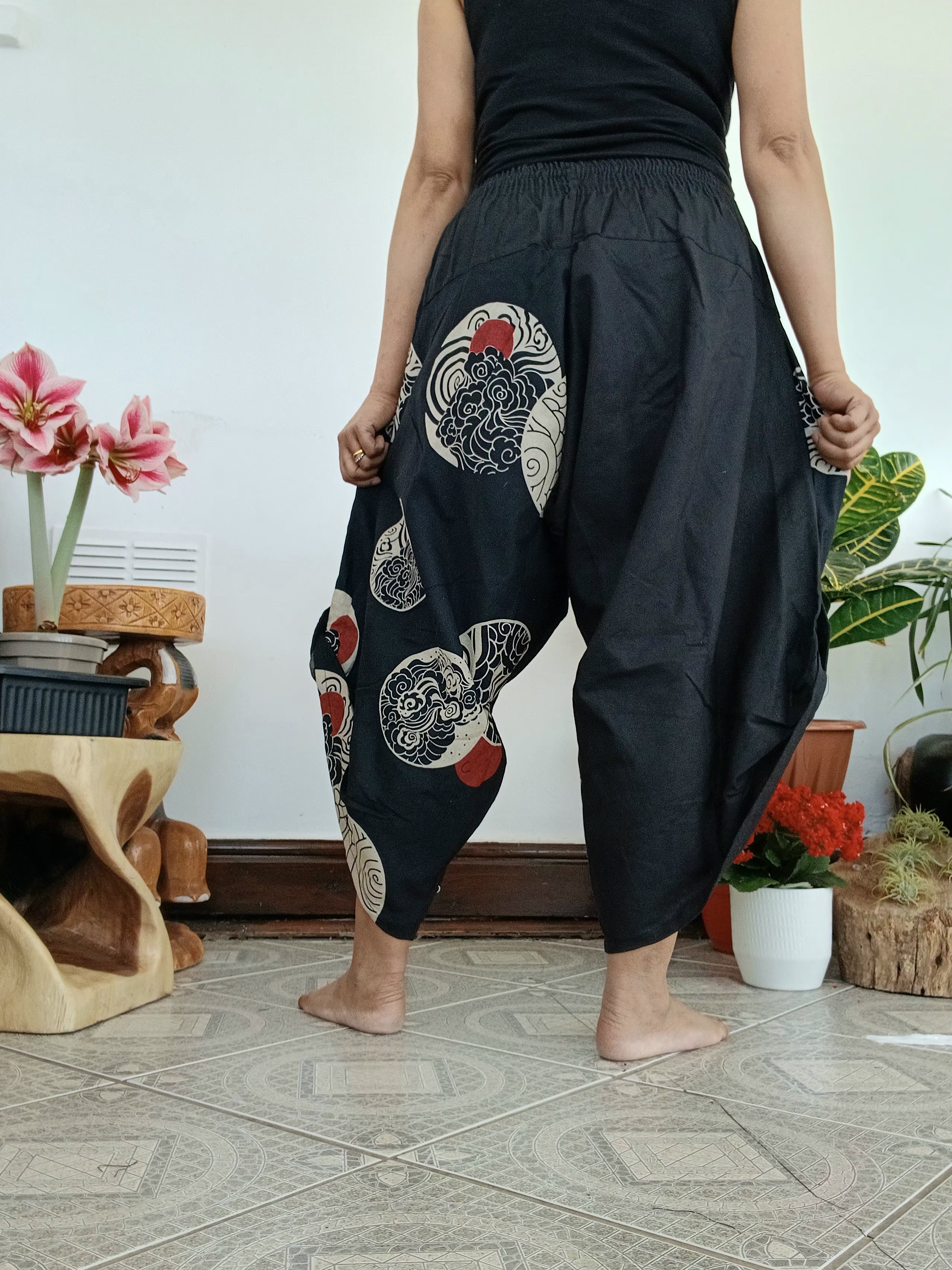 Cotton black Ninja Samurai Style harem pants hippie Boho loose-fit trousers one size fit 6-8-10