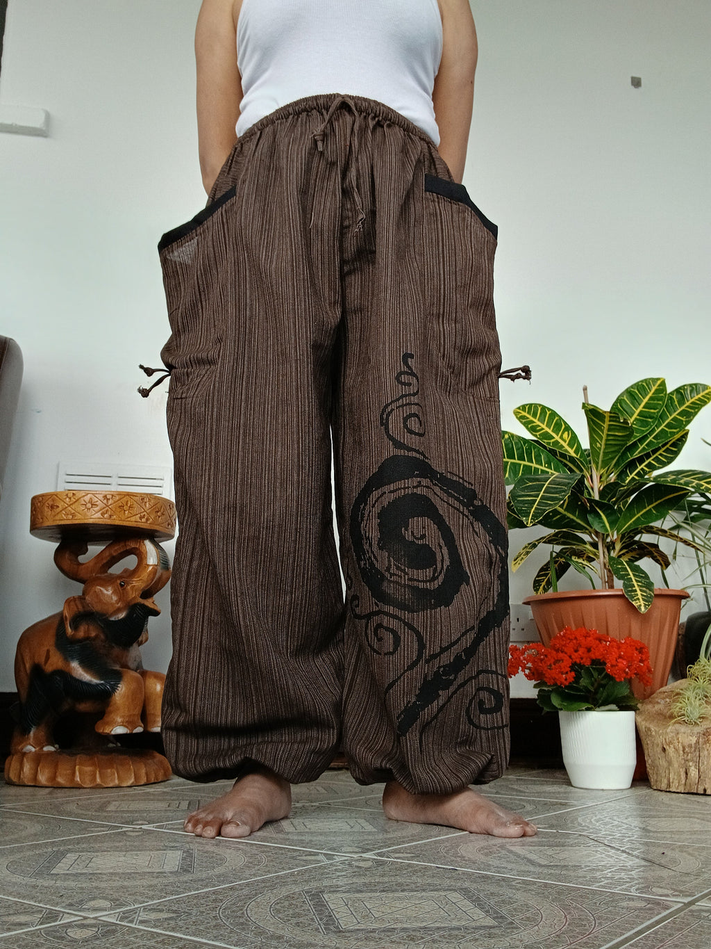 Cotton brown baggy hippie Boho trousers joggers wide leg poofy  harem pants for unisex
