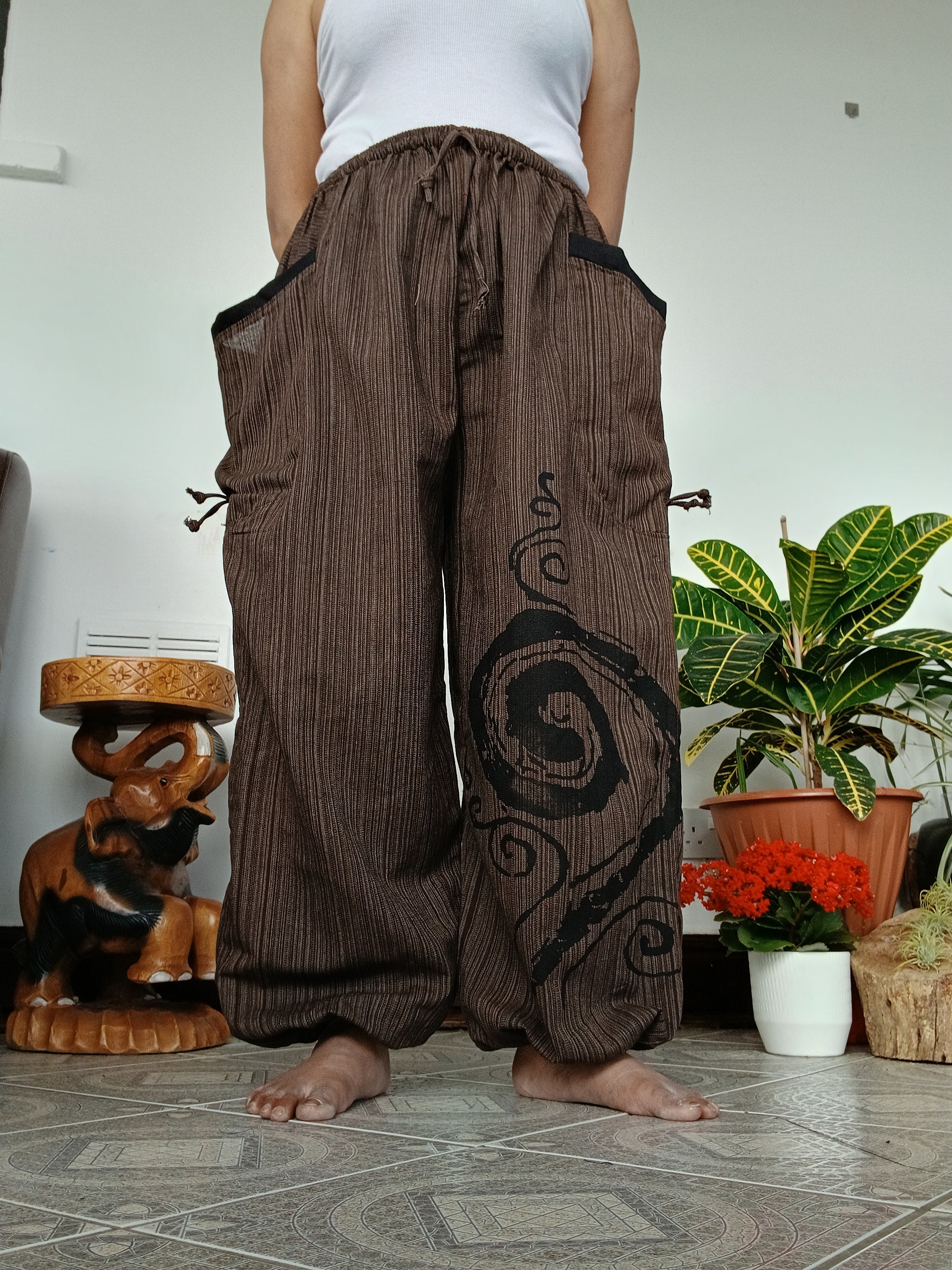Cotton brown baggy hippie Boho trousers joggers wide leg poofy  harem pants for unisex