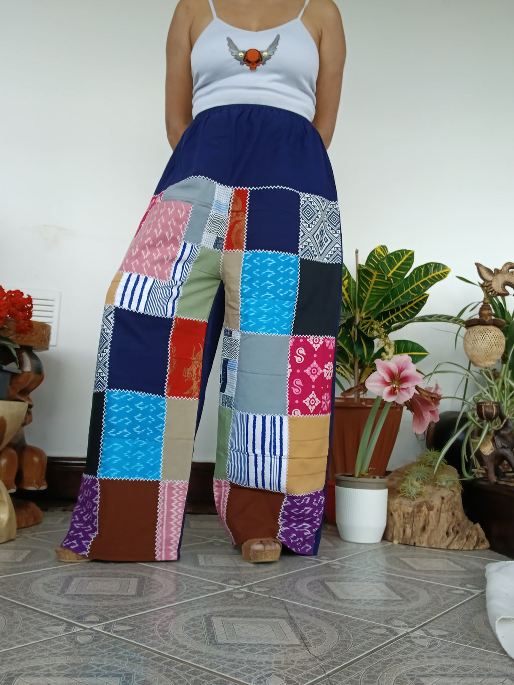 Cotton Navy Blue Multicolour Harem Pants Unique Random Patchwork Hippie Trousers