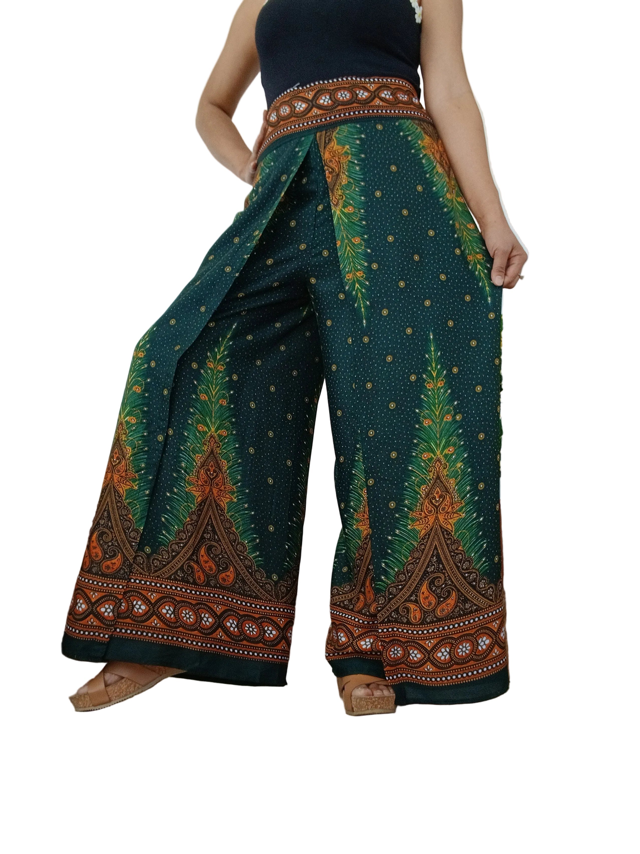 Darkgreen Boho High-Waisted wrap-around style harem pants One size fits 8-10-12