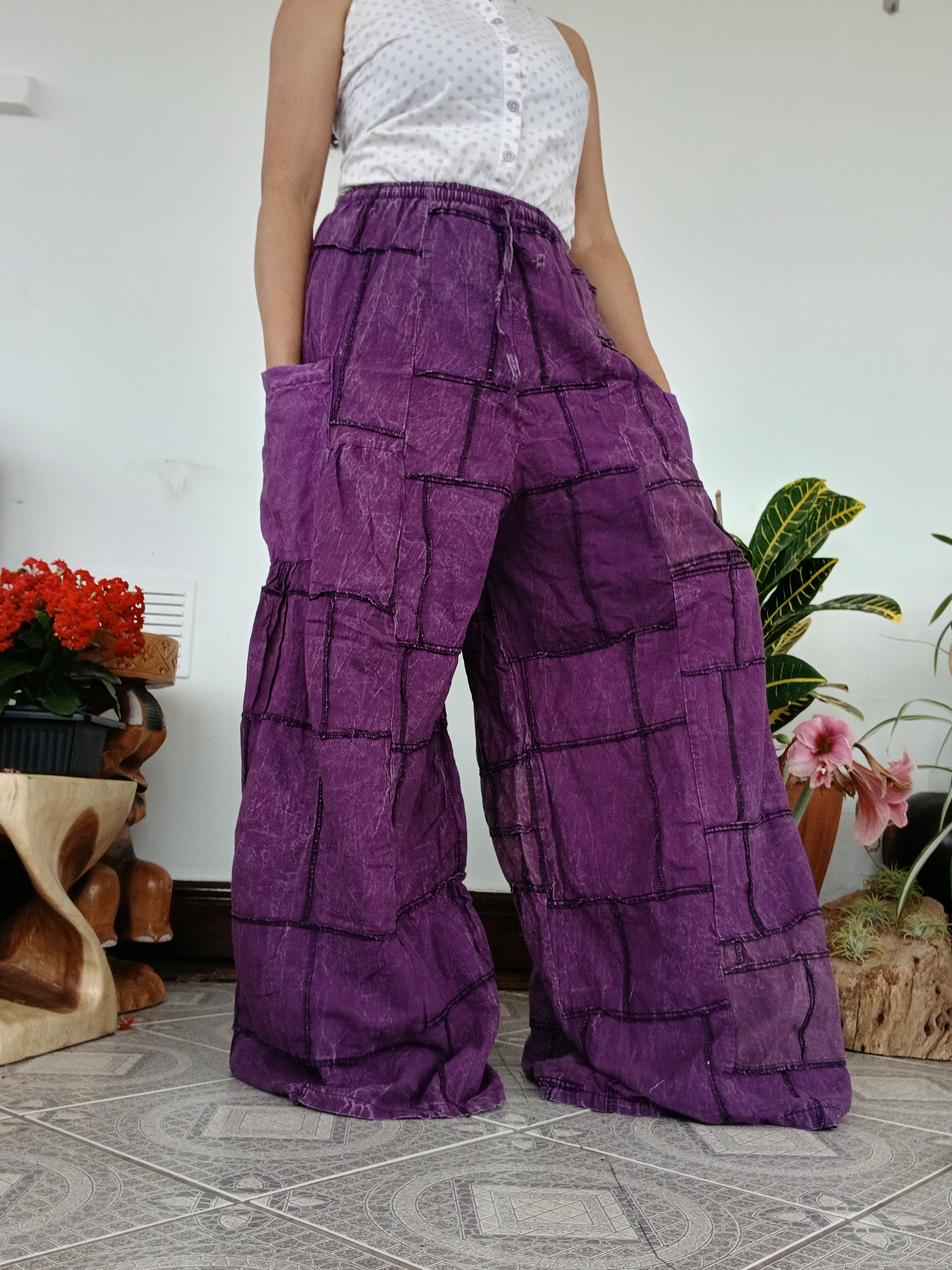 Cotton purple patchwork wide leg palazzo flowy trousers baggy hippie Boho pants One size fits 8-10-12