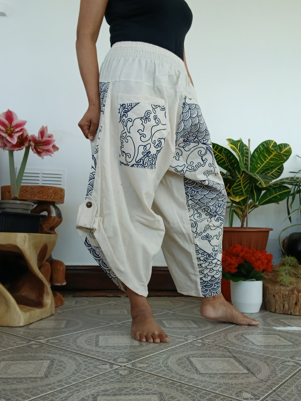 Cotton white cream harem boho pants Ninja Samurai Style trousers one size