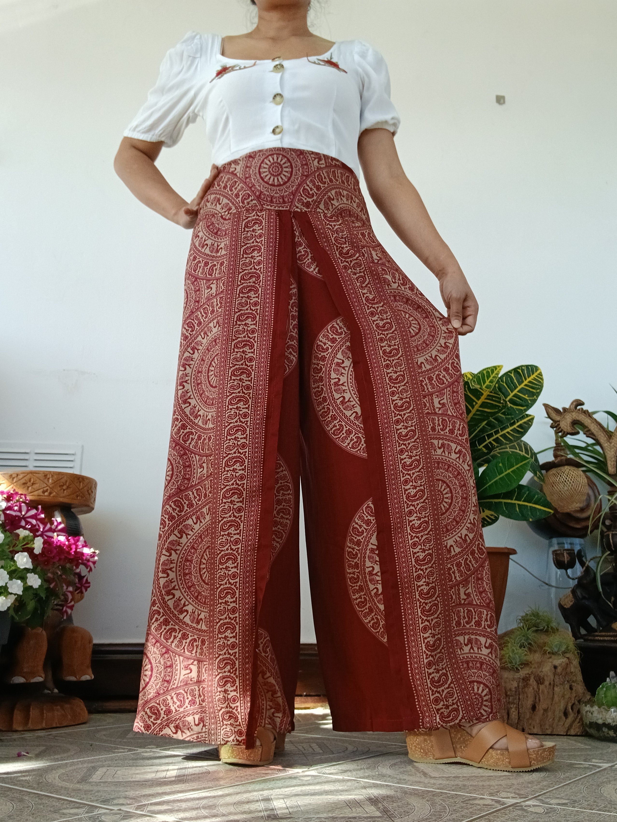 Red burgundy bohemian elegant flowy harem pants beautiful festival holiday trousers one size fit 8-10-12