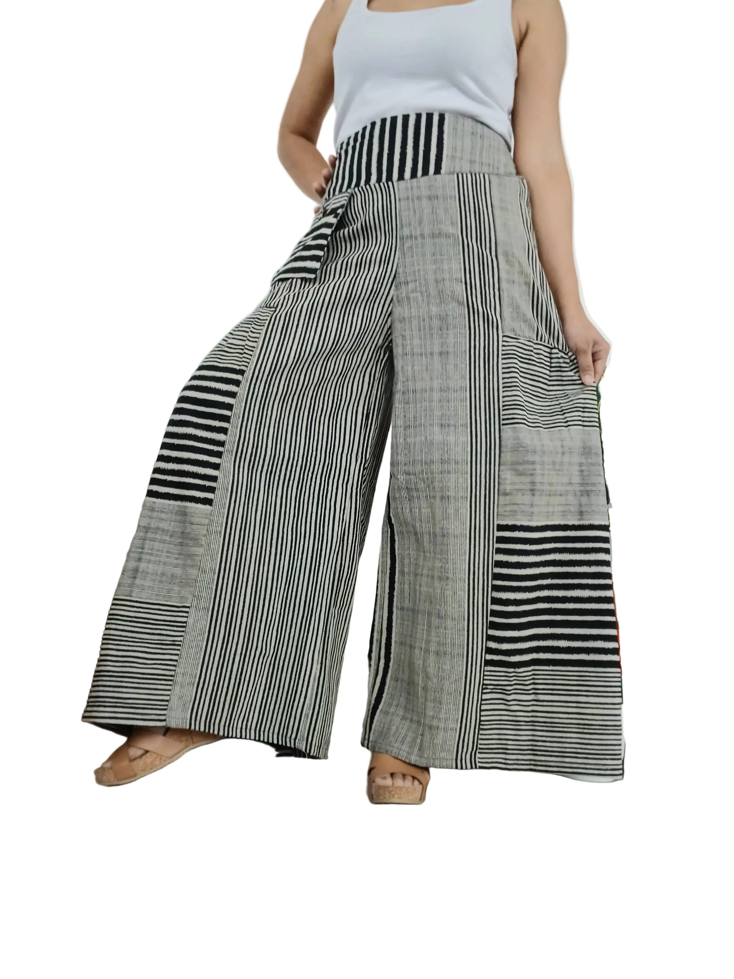 Black and white striped patchwork boho high-waisted trousers wide leg palazzo flowy harem pants One size fits 8-10-12