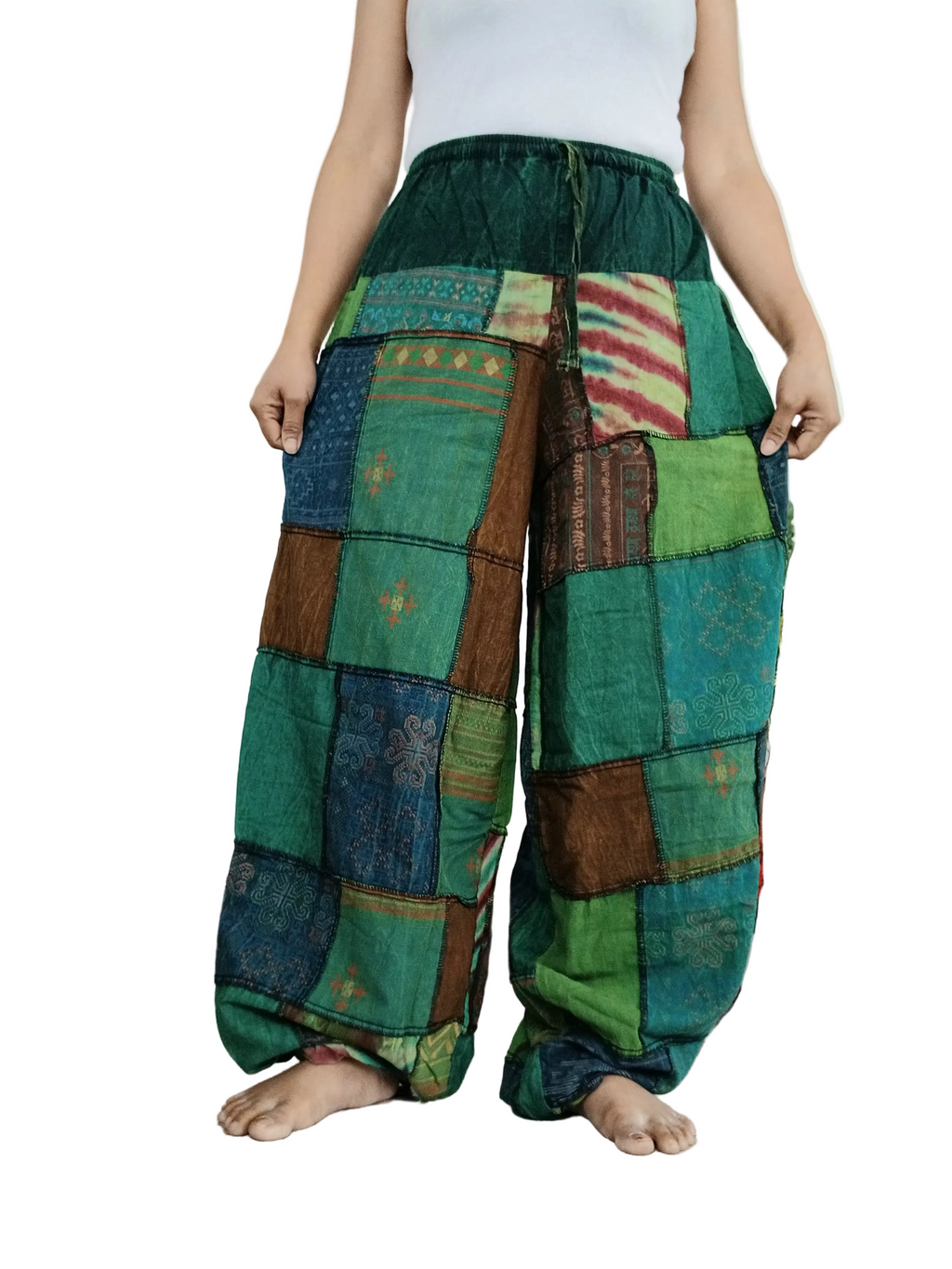 Cotton stonewash Emerald tones patchwork Boho baggy loose-fit trousers joggers harem hippie pants for unisex