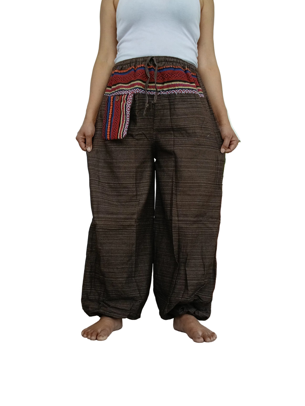 Unisex Brown cotton woven hippie Boho harem pants baggy relaxed fit trousers one size for S M L