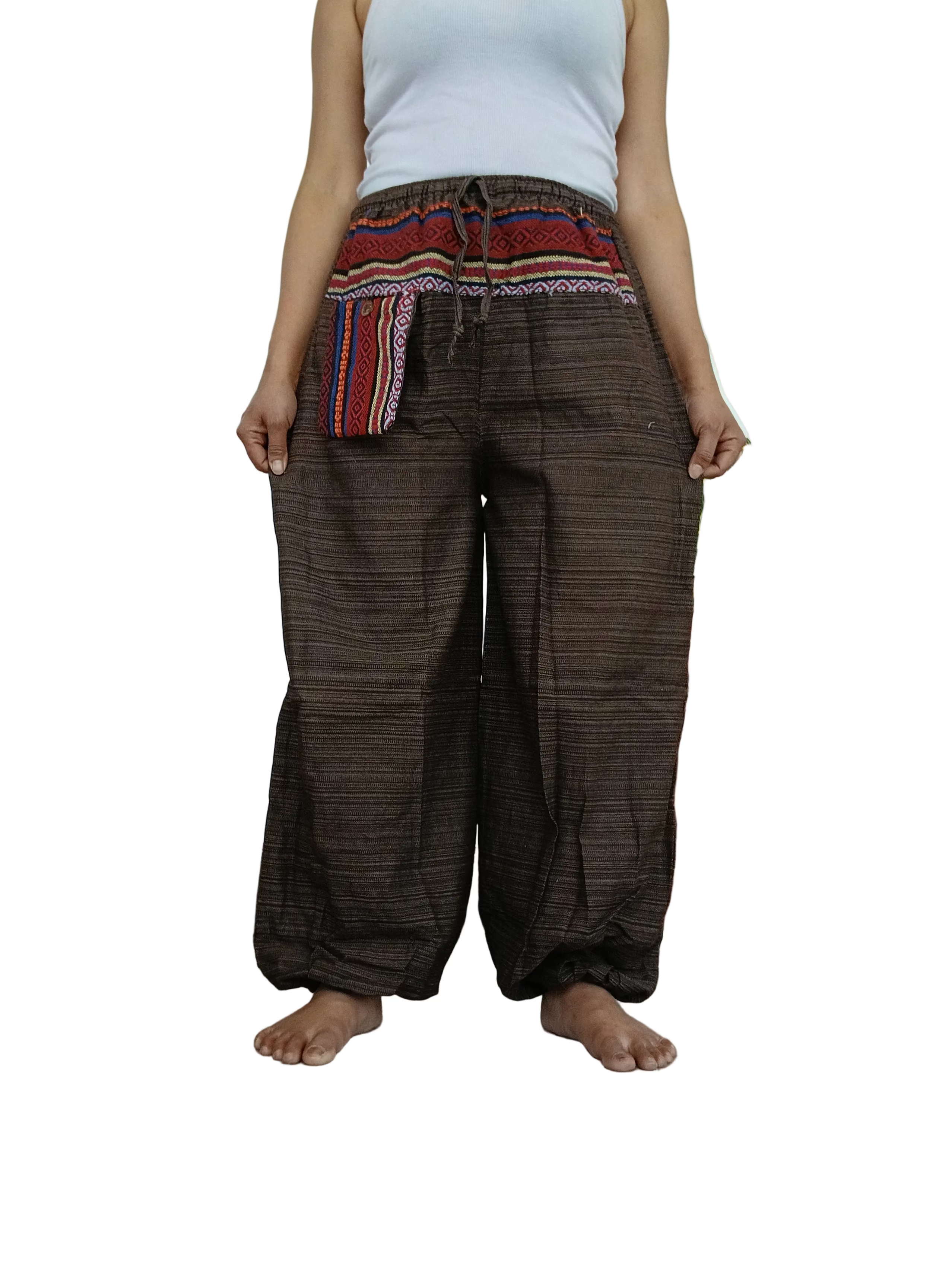 Unisex Brown cotton woven hippie Boho harem pants baggy relaxed fit trousers one size for S M L