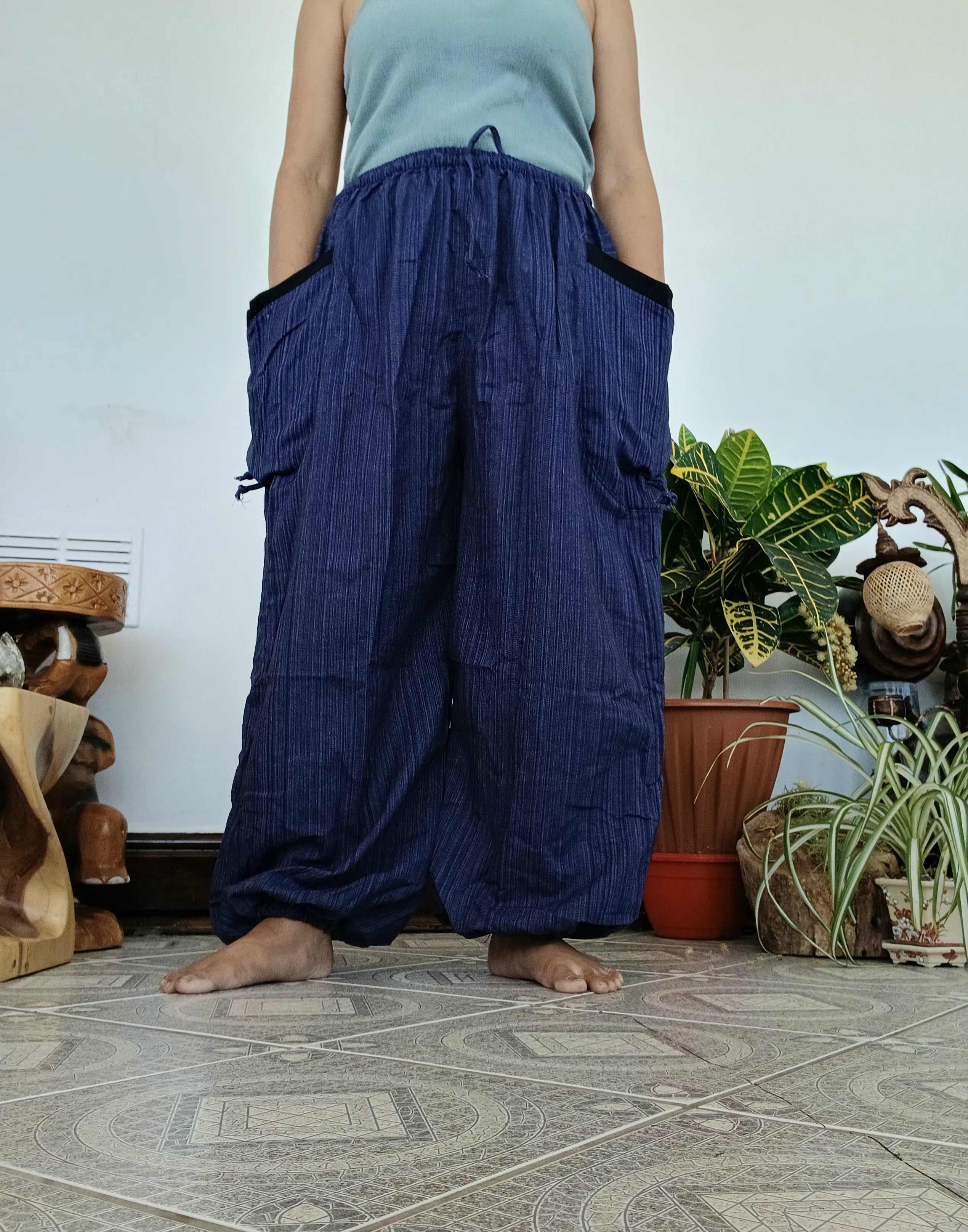 Plain Navy Blue Harem Pants Wide Leg Baggy Boho Aladdin Thai Hippie Trousers