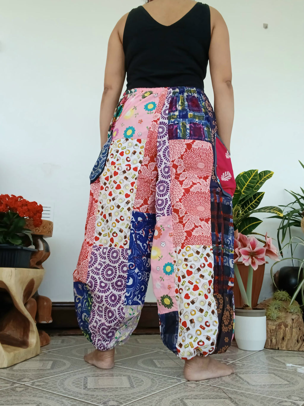 Multicoloured patchwork Boho baggy harem pants hippie baggy relaxed fit trousers one size fit 8-10-12